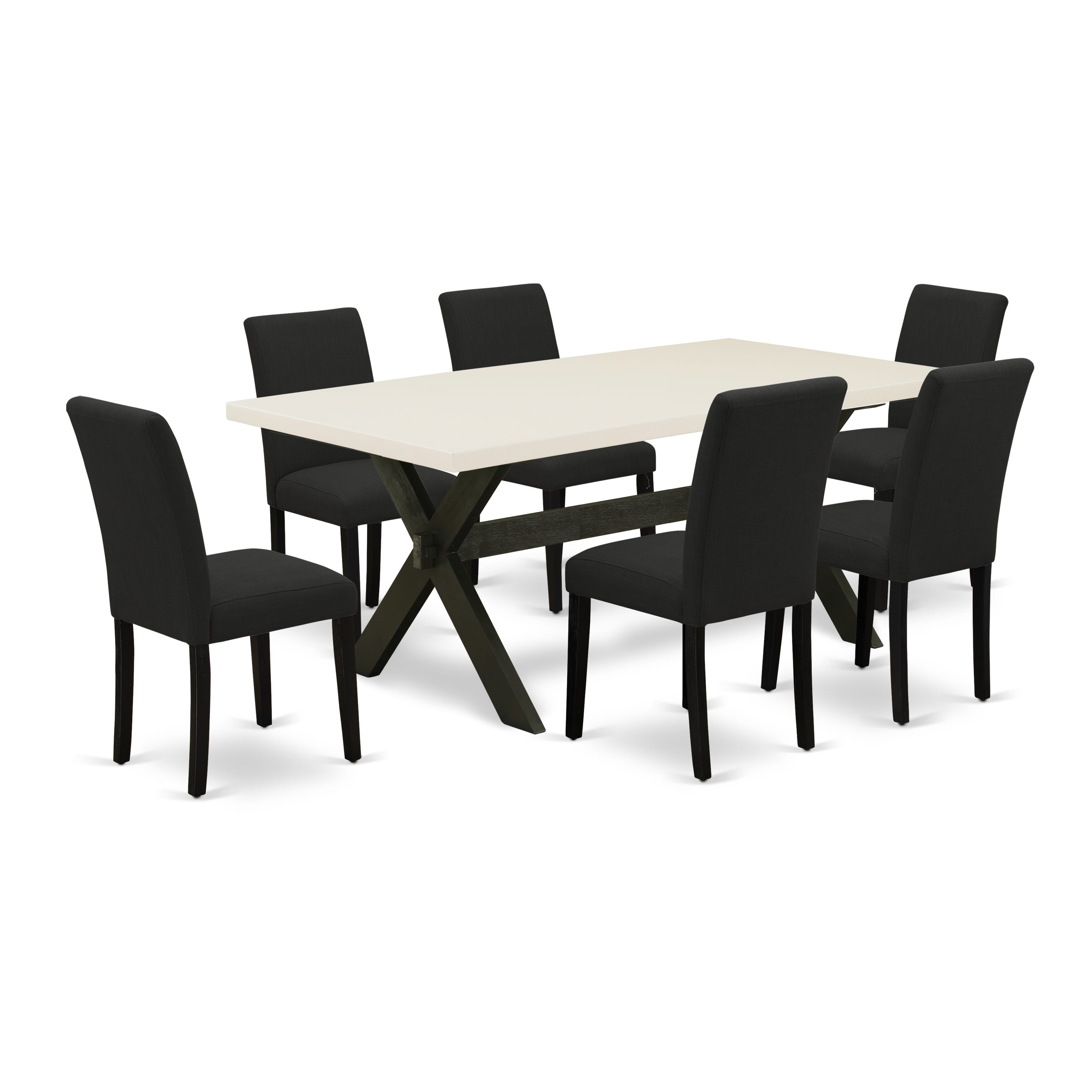 Juego de comedor de 7 piezas East West Furniture X627AB624-7 compuesto por una mesa de comedor rectangular con patas en forma de X y 6 sillas tapizadas en tela de lino color negro.