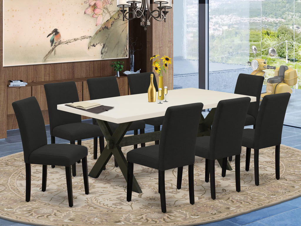 Juego de comedor East West Furniture X627AB624-9 de 9 piezas. Incluye una mesa de comedor rectangular con patas en forma de X y 8 sillas Parson tapizadas en tela de lino de color negro.