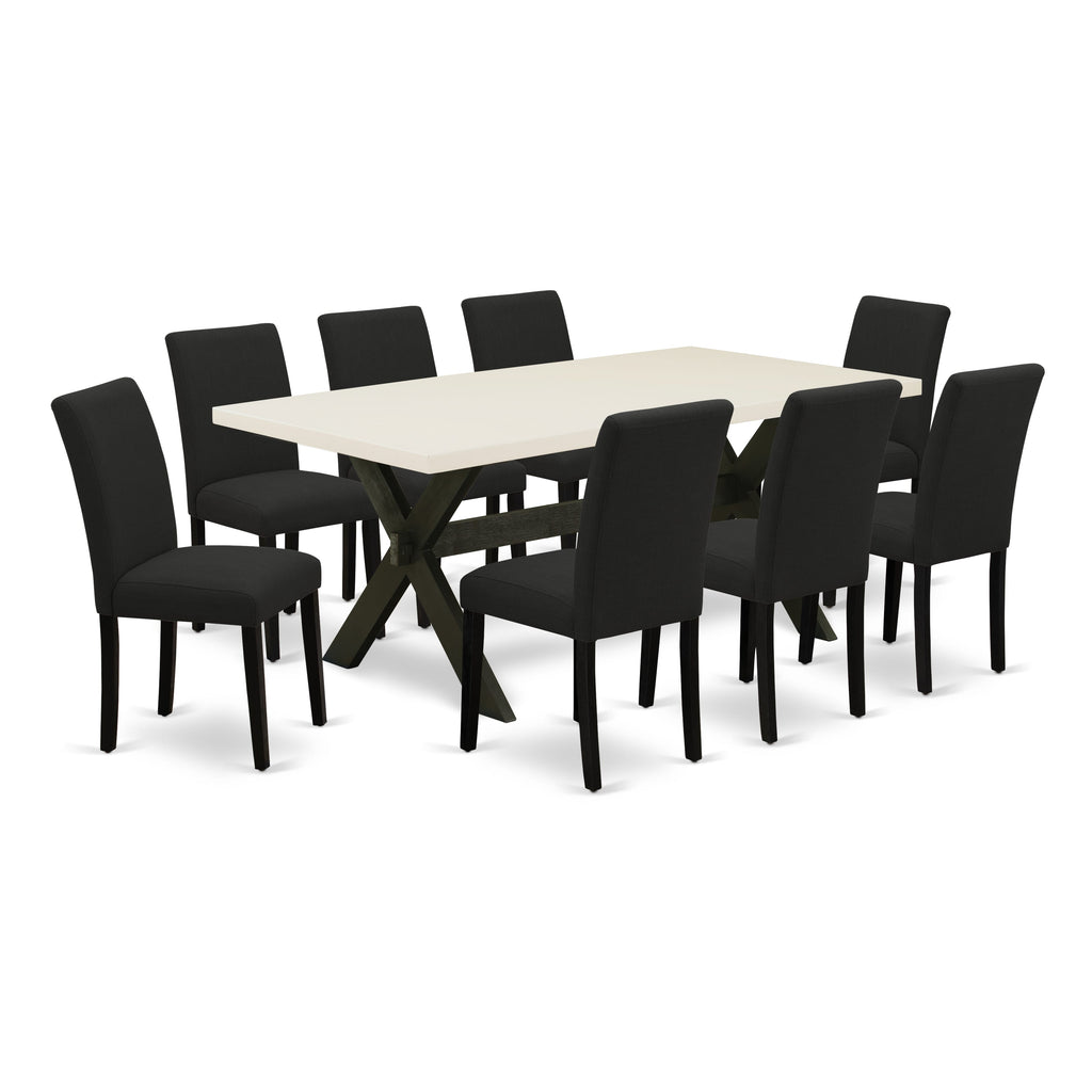 Juego de comedor East West Furniture X627AB624-9 de 9 piezas. Incluye una mesa de comedor rectangular con patas en forma de X y 8 sillas Parson tapizadas en tela de lino de color negro.