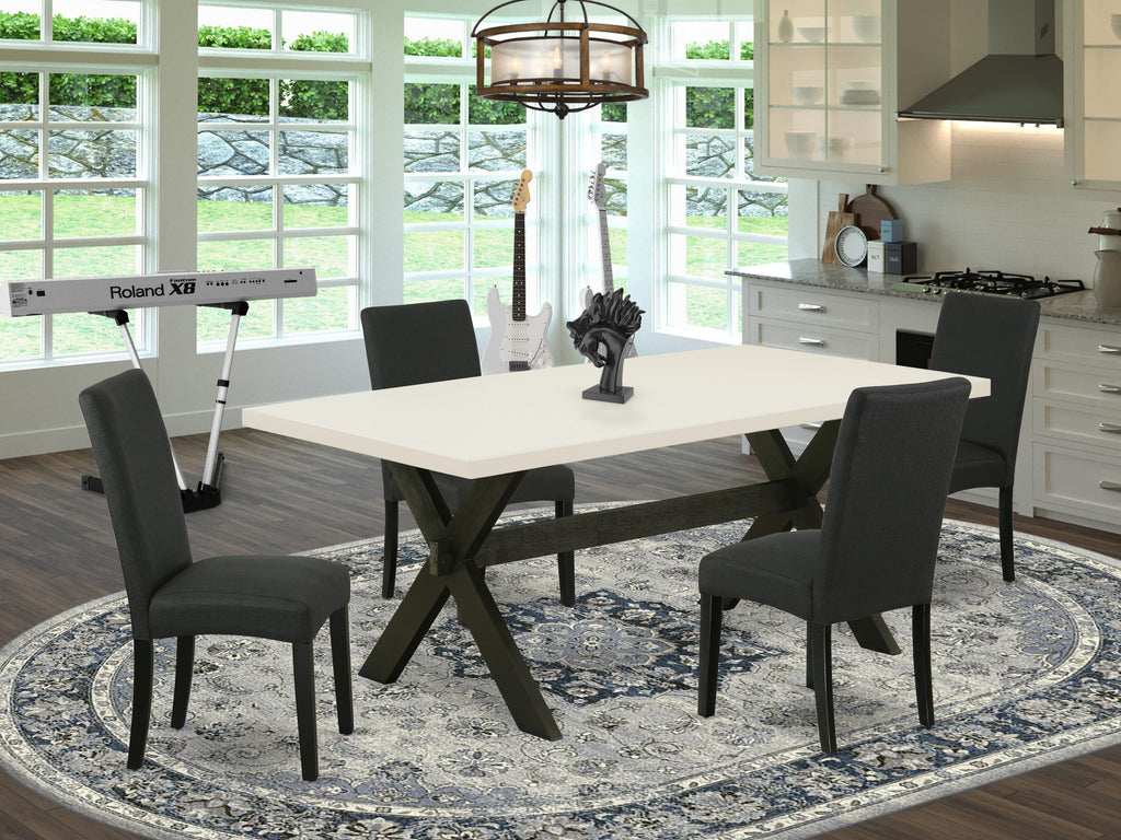 Juego de comedor de 5 piezas East West Furniture X627DR124-5. Incluye una mesa de comedor rectangular con patas en forma de X y 4 sillas Parson tapizadas en tela de lino de color negro.