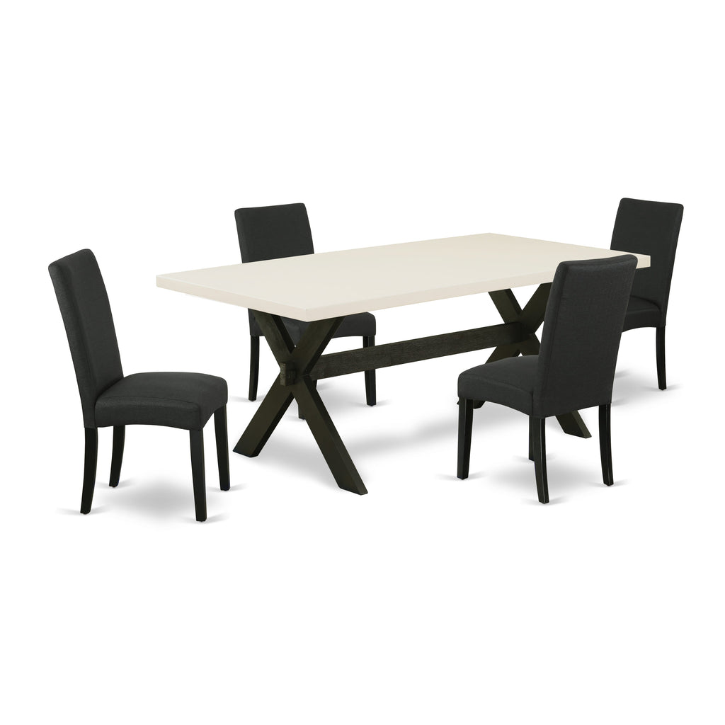 Juego de comedor de 5 piezas East West Furniture X627DR124-5. Incluye una mesa de comedor rectangular con patas en forma de X y 4 sillas Parson tapizadas en tela de lino de color negro.