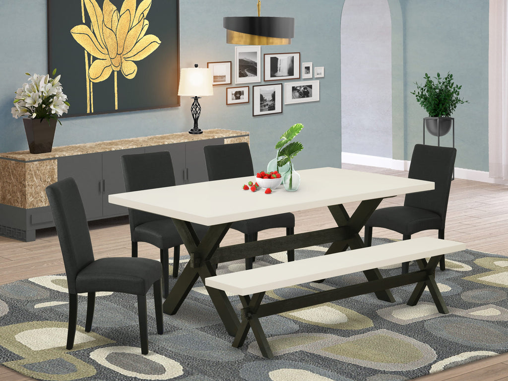 Juego de mesa de comedor de 6 piezas East West Furniture X627DR124-6. Contiene una mesa rectangular de madera con patas en forma de X y 4 sillas Parson de tela de lino de color negro con un banco.