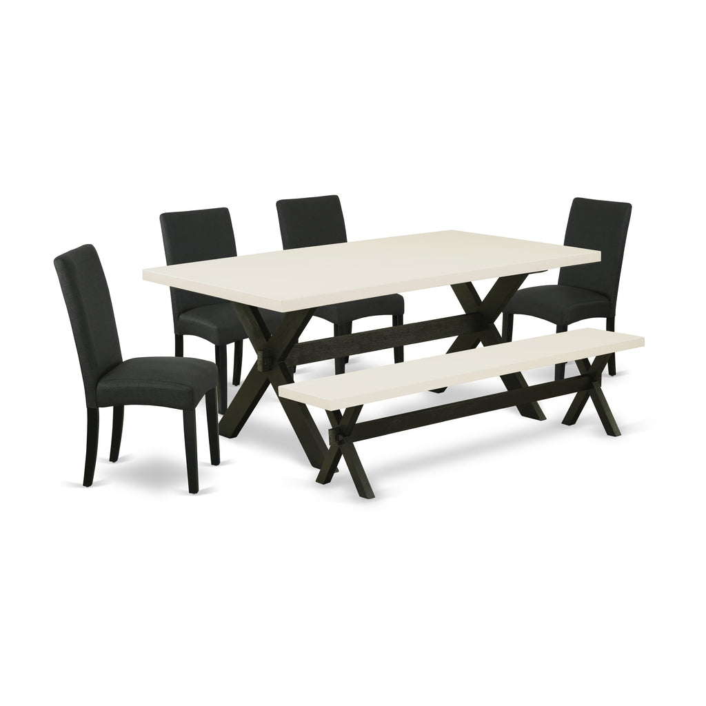 Juego de mesa de comedor de 6 piezas East West Furniture X627DR124-6. Contiene una mesa rectangular de madera con patas en forma de X y 4 sillas Parson de tela de lino de color negro con un banco.