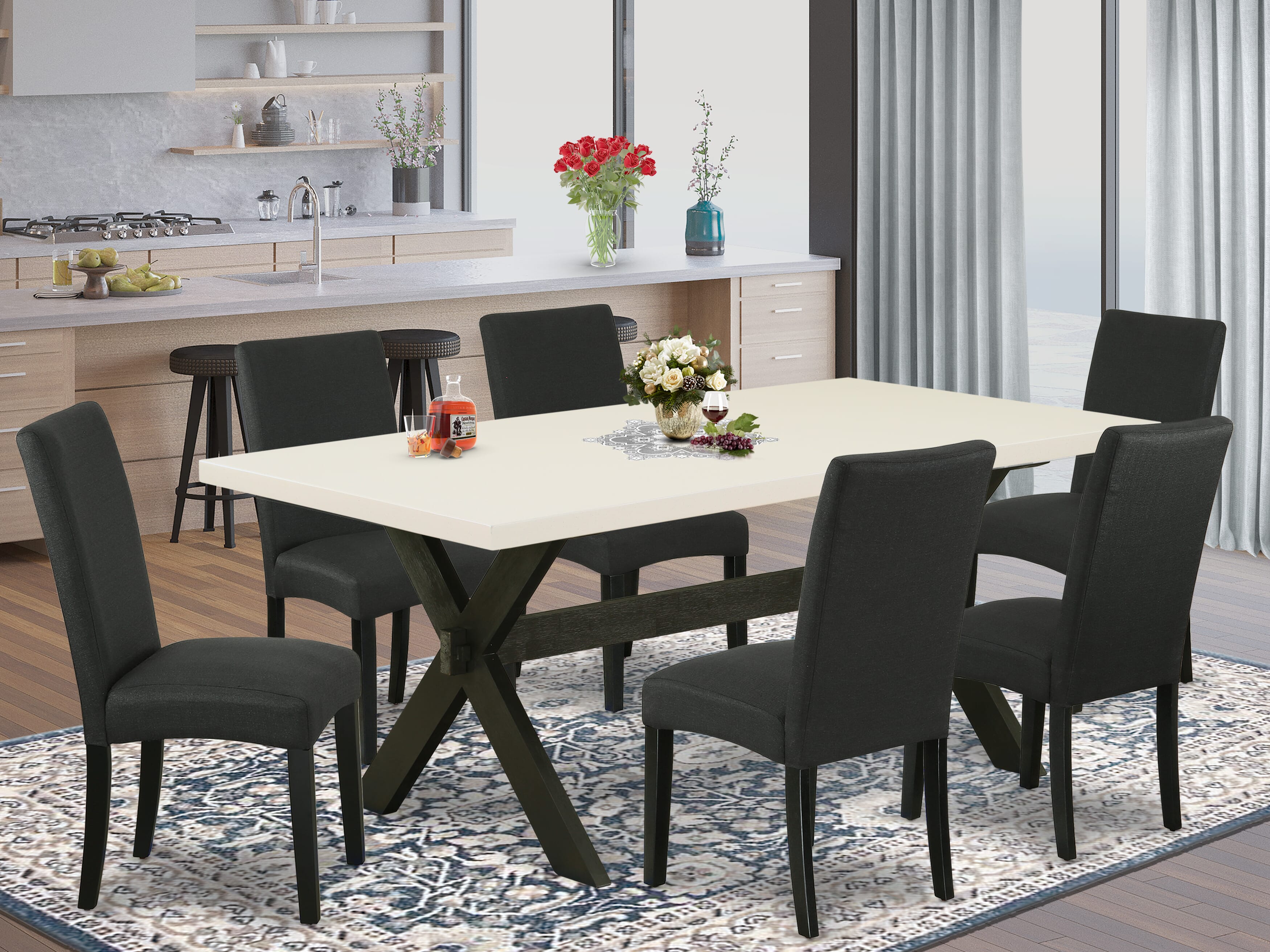 East West Furniture X627DR124-7 7-Piece Dining Room Table Set- 6 Upholstered Dining Chairs with Black Linen Fabric Seat and Stylish Chair Back - Rectangular Table top & Wooden Cross Legs - linen white and Black Finish