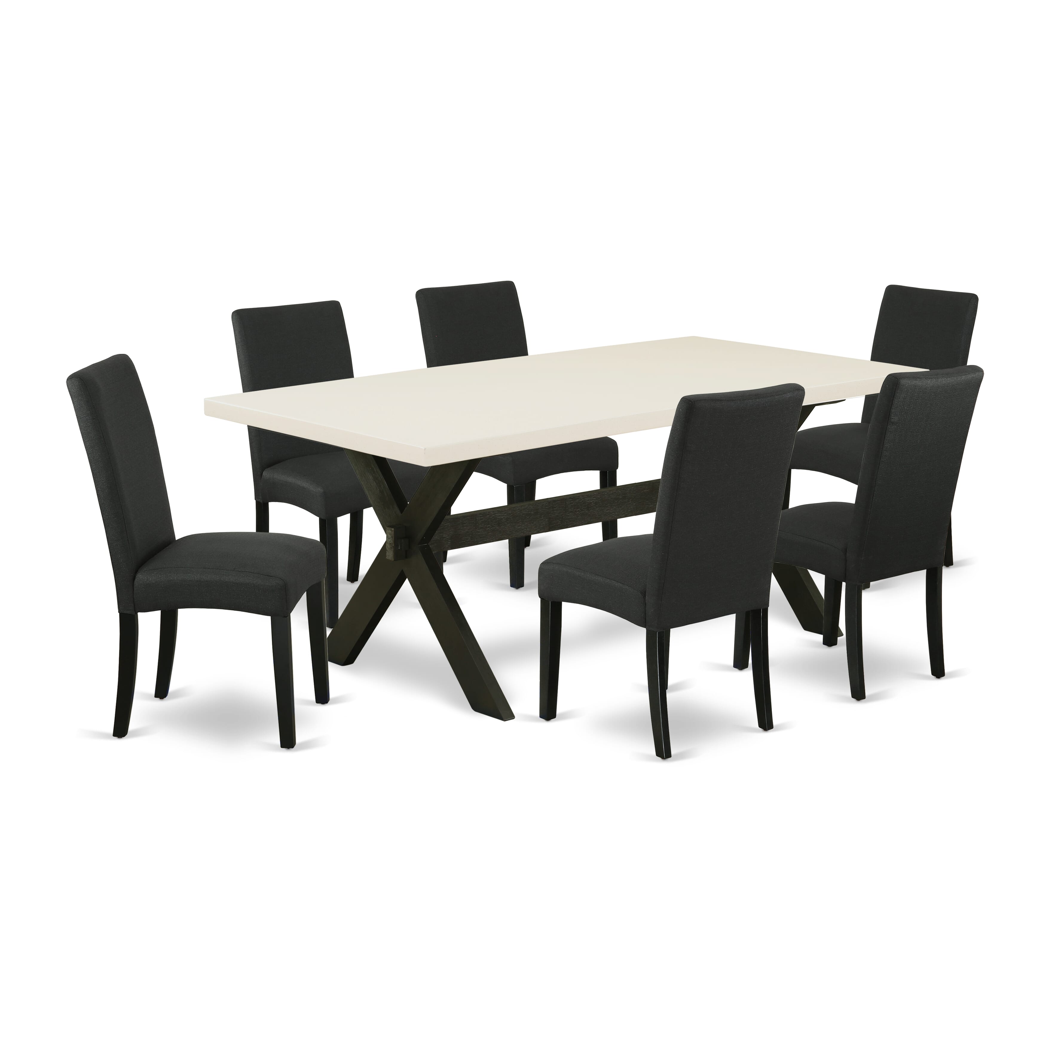 East West Furniture X627DR124-7 7-Piece Dining Room Table Set- 6 Upholstered Dining Chairs with Black Linen Fabric Seat and Stylish Chair Back - Rectangular Table top & Wooden Cross Legs - linen white and Black Finish