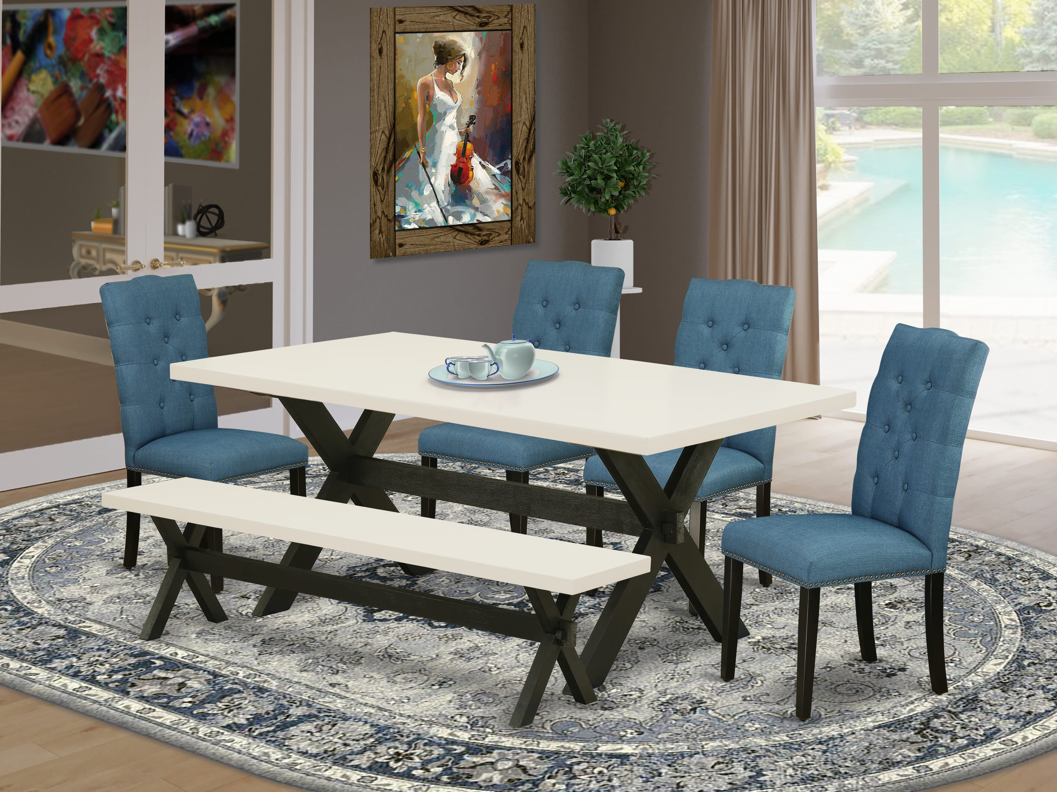 Juego de comedor de 6 piezas East West Furniture X627EL121-6. Contiene una mesa de comedor rectangular con patas en forma de X y 4 sillas Parson de tela de lino azul con un banco.