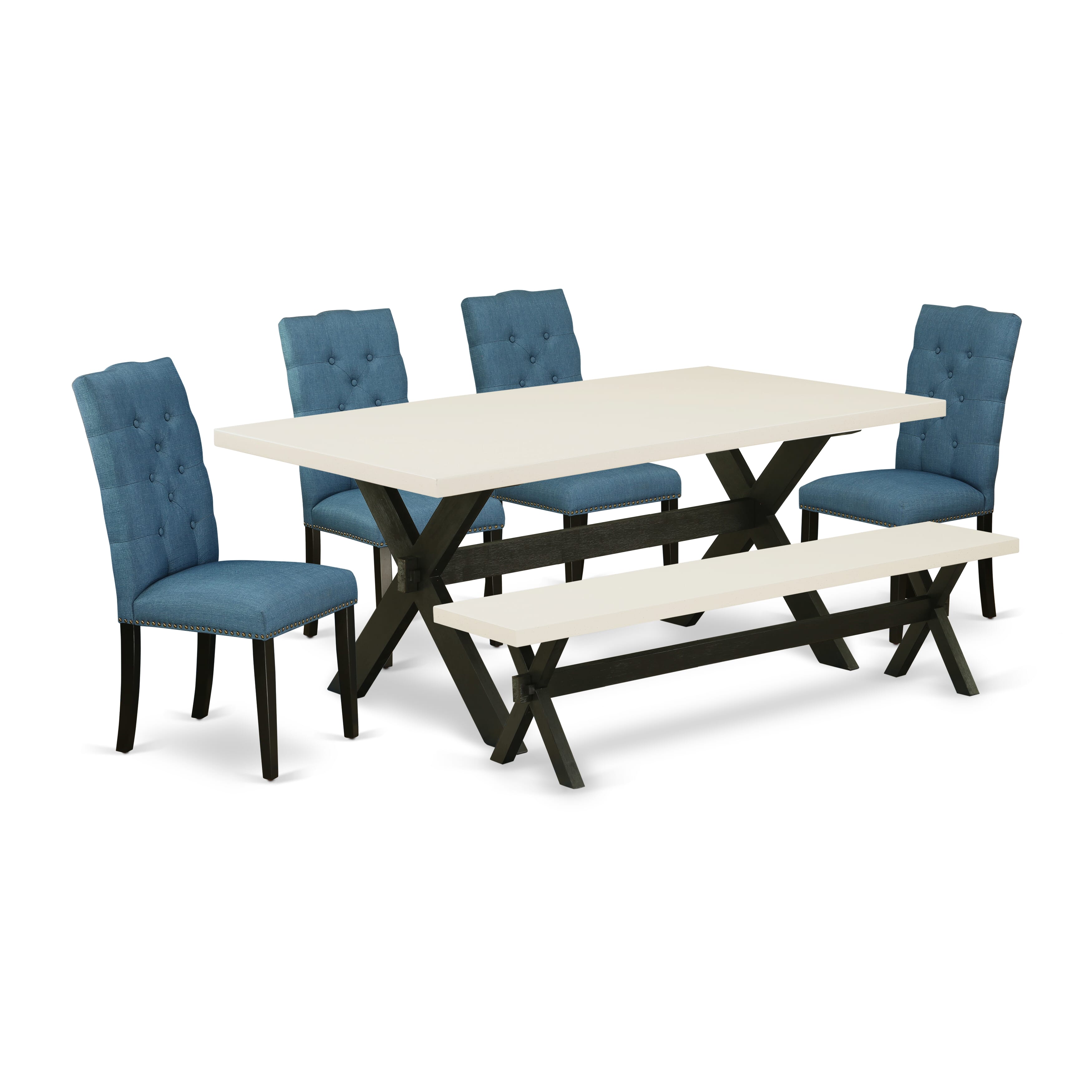 Juego de comedor de 6 piezas East West Furniture X627EL121-6. Contiene una mesa de comedor rectangular con patas en forma de X y 4 sillas Parson de tela de lino azul con un banco.