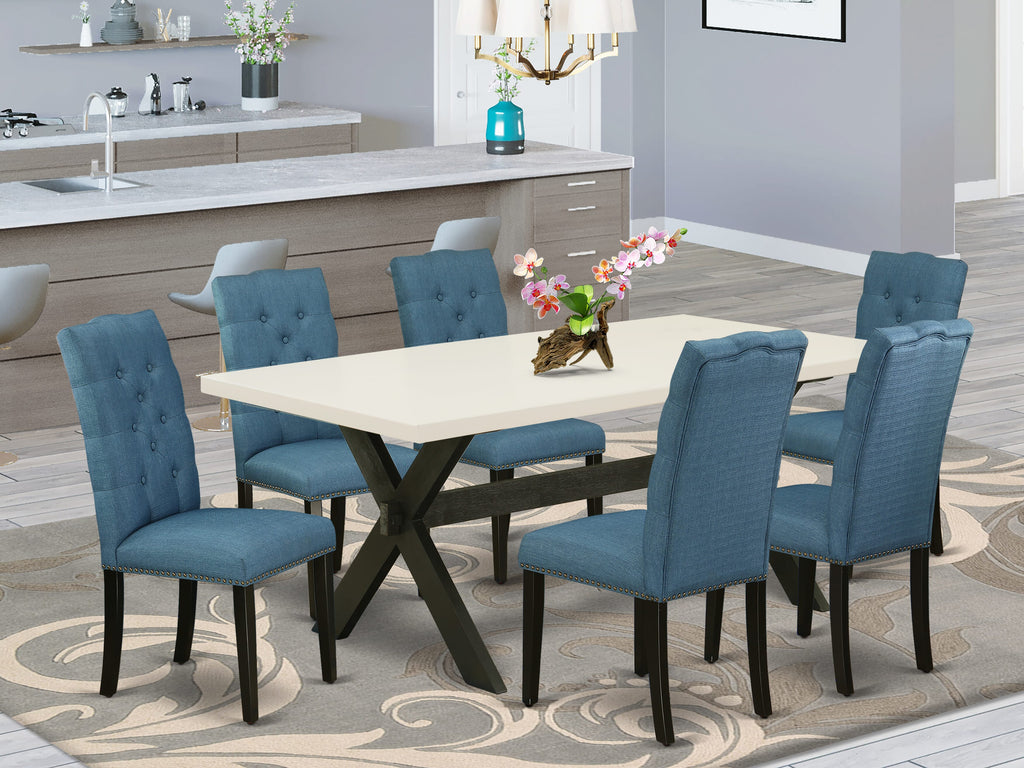 Juego de mesa de comedor East West Furniture X627EL121-7 de 7 piezas. Incluye una mesa de cocina rectangular con patas en forma de X y 6 sillas de comedor Parson de tela de lino azul.