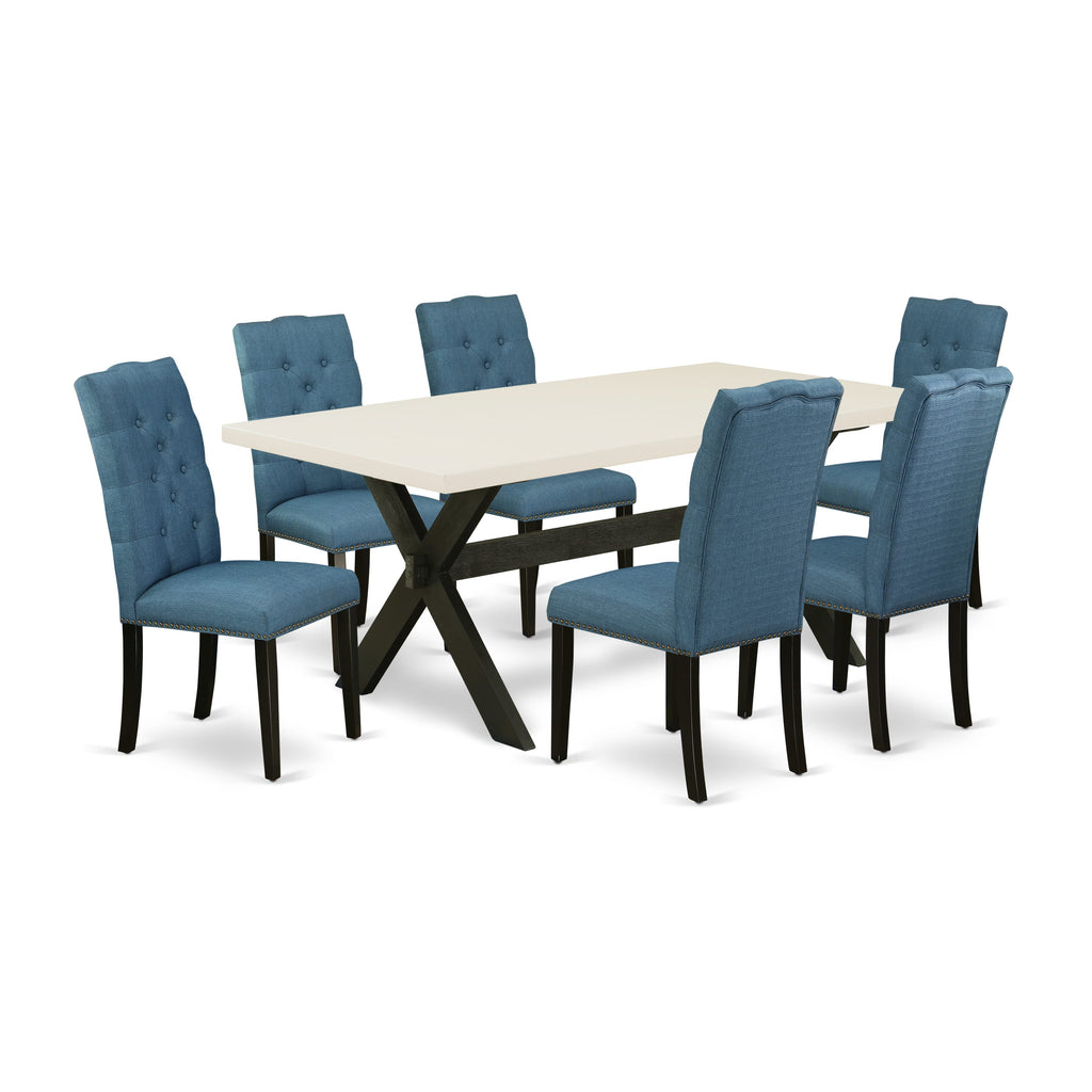 Juego de mesa de comedor East West Furniture X627EL121-7 de 7 piezas. Incluye una mesa de cocina rectangular con patas en forma de X y 6 sillas de comedor Parson de tela de lino azul.
