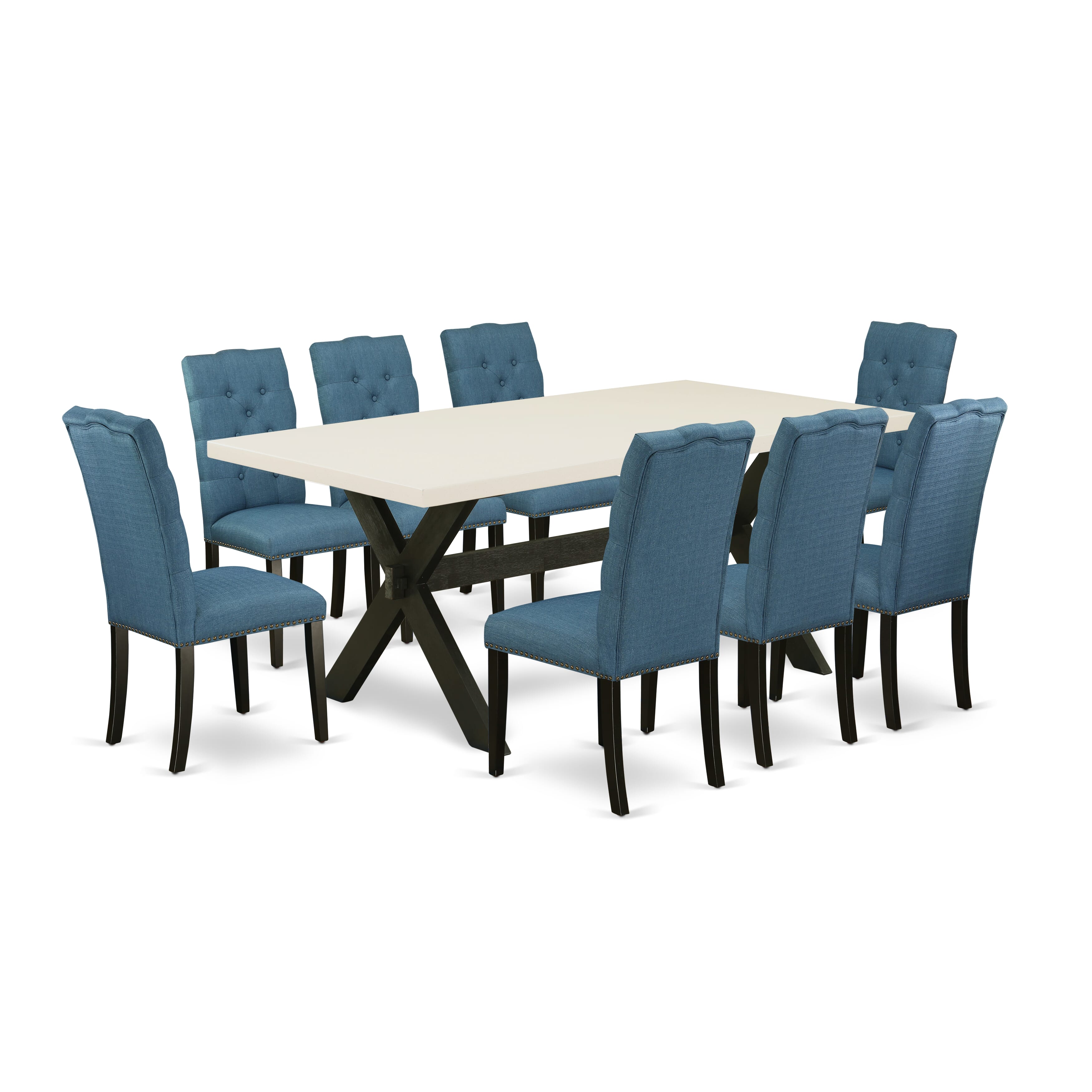 East West Furniture X627EL121-9 9-Piece Dining Set with Wood Dining Table - 8 Linen Fabric Parson Chairs (Wire Brushed Black Finish)