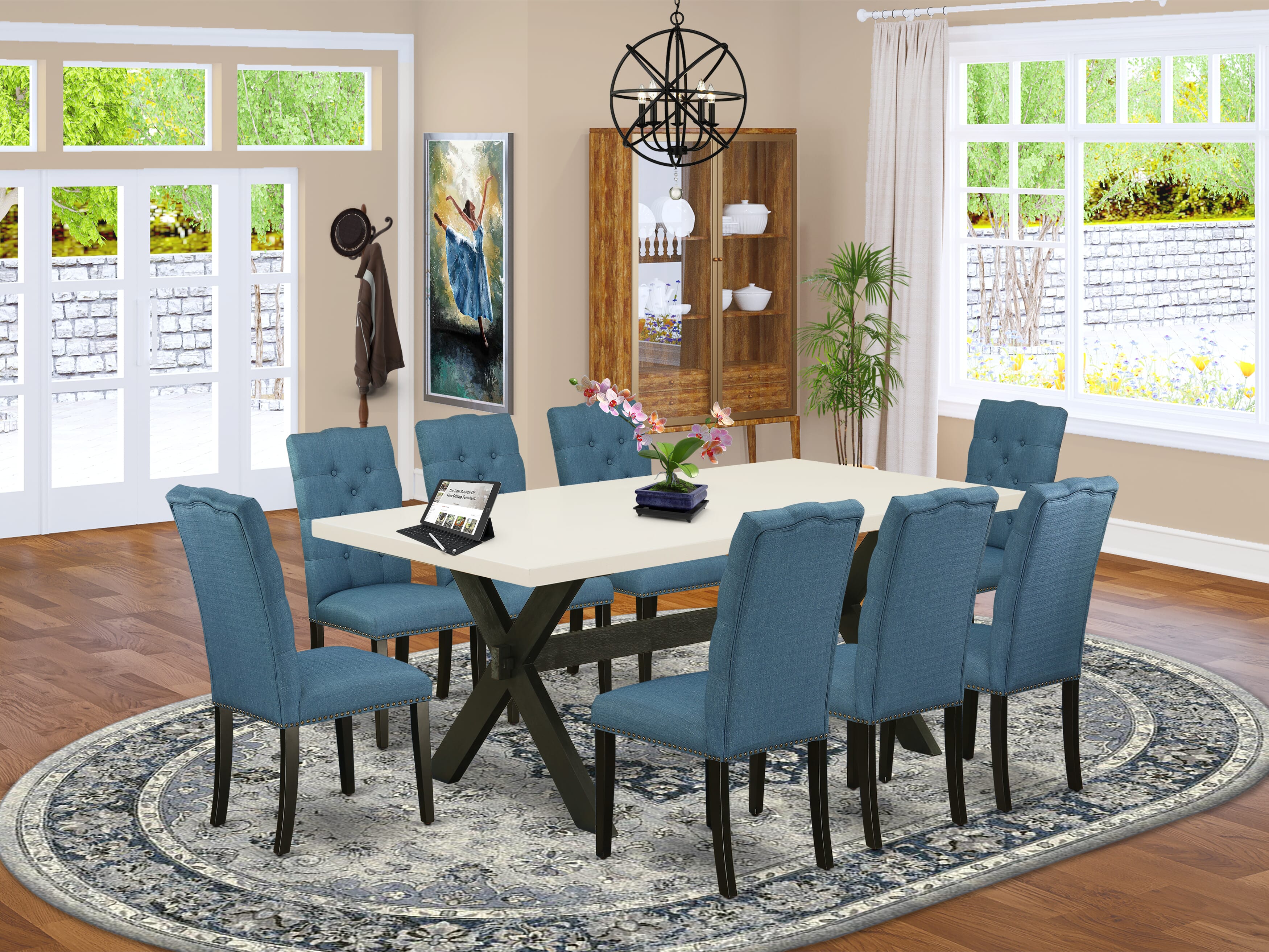 East West Furniture X627EL121-9 9-Piece Dining Set with Wood Dining Table - 8 Linen Fabric Parson Chairs (Wire Brushed Black Finish)