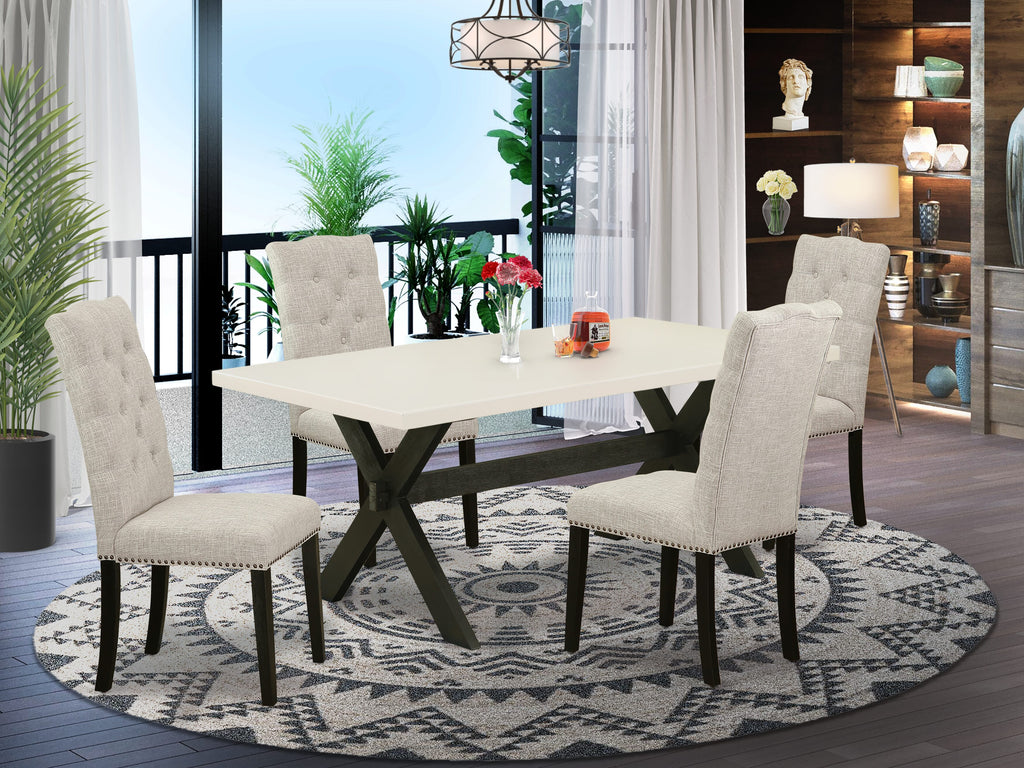 Juego de mesa de comedor de 5 piezas East West Furniture X627EL635-5. Incluye una mesa de comedor rectangular con patas en forma de X y 4 sillas tapizadas en tela de lino y piel de venado.