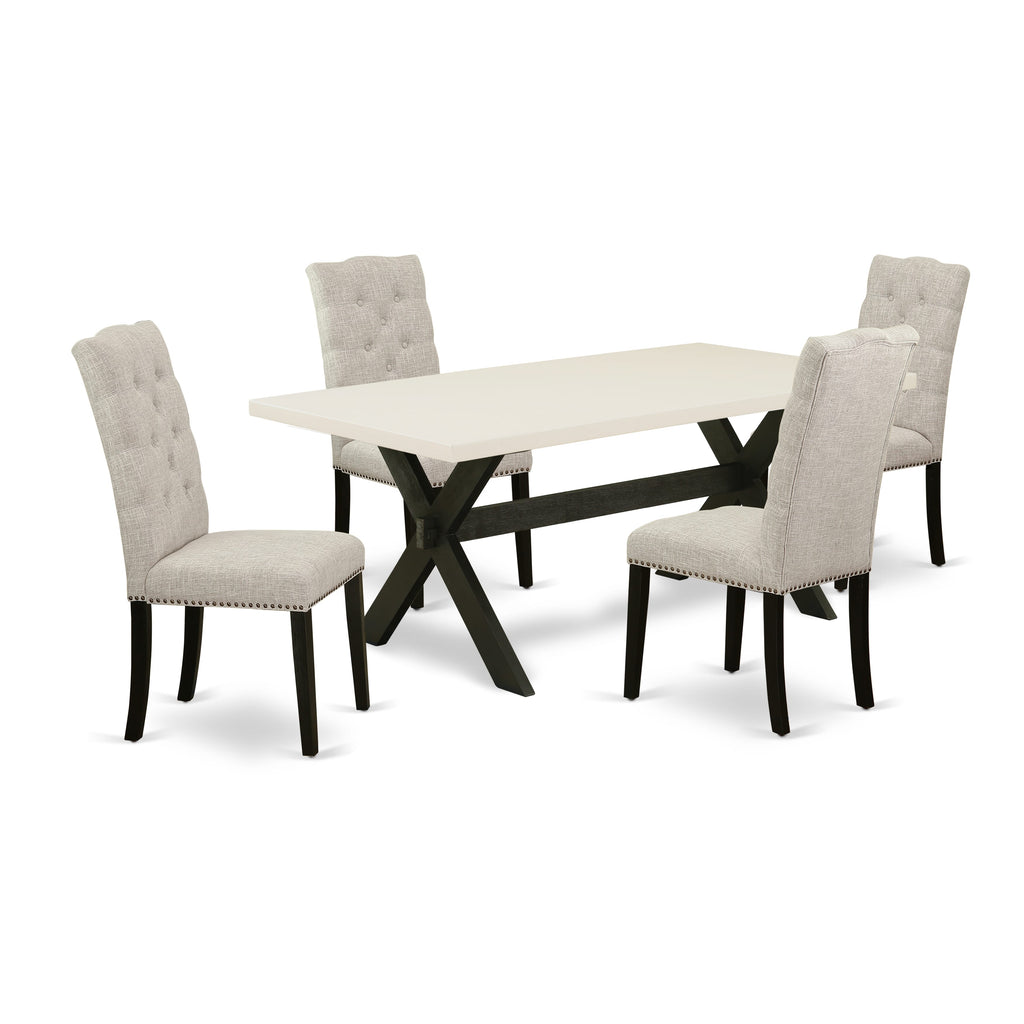 Juego de mesa de comedor de 5 piezas East West Furniture X627EL635-5. Incluye una mesa de comedor rectangular con patas en forma de X y 4 sillas tapizadas en tela de lino y piel de venado.