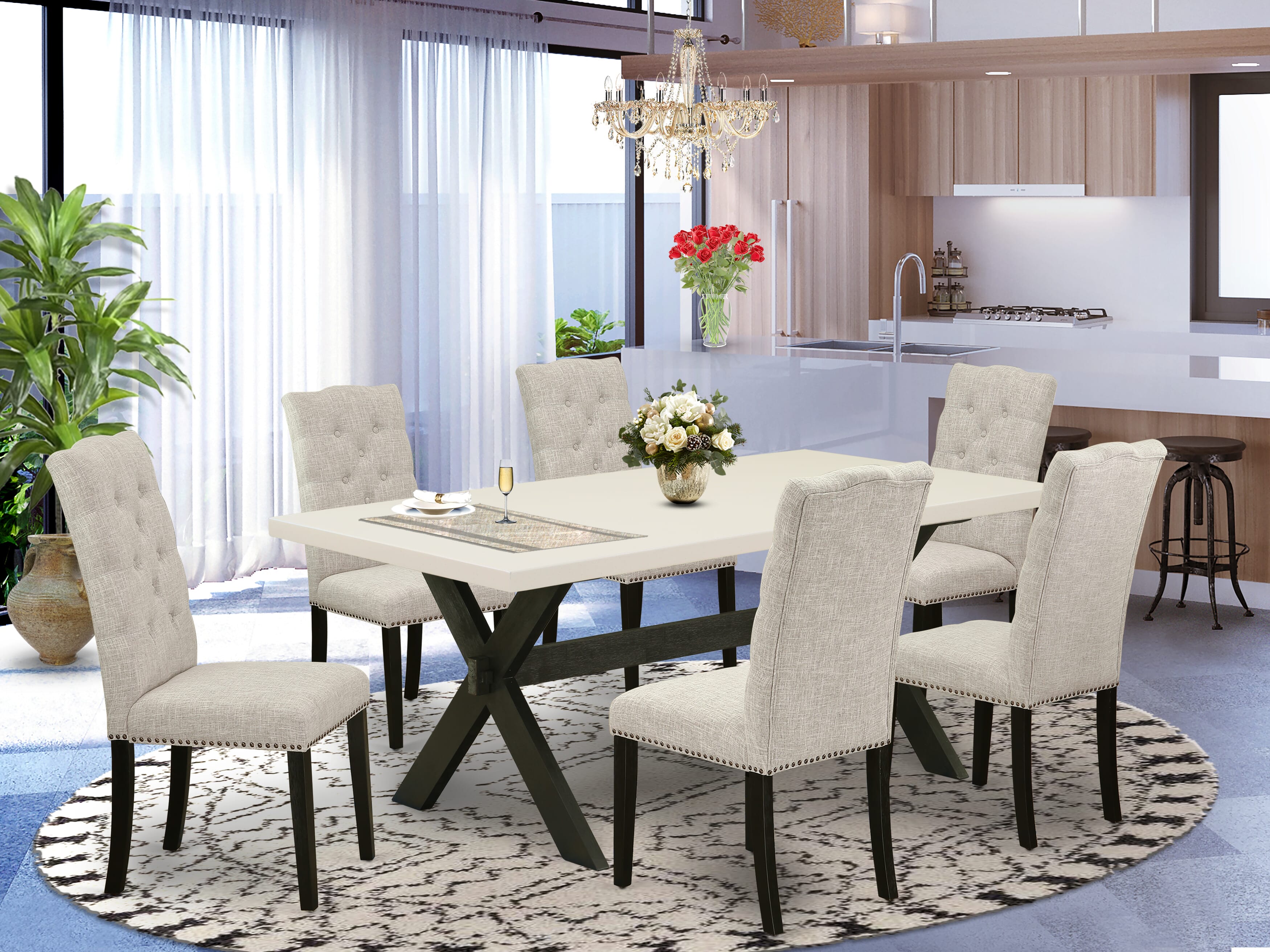 East West Furniture X627EL635-7 7-Pc Dining room Set a beautiful linen white Dining Table top and 6 Fantastic Parson Dining chairs with Nail Heads and Button Tufted, Wire Brushed Black Finish
