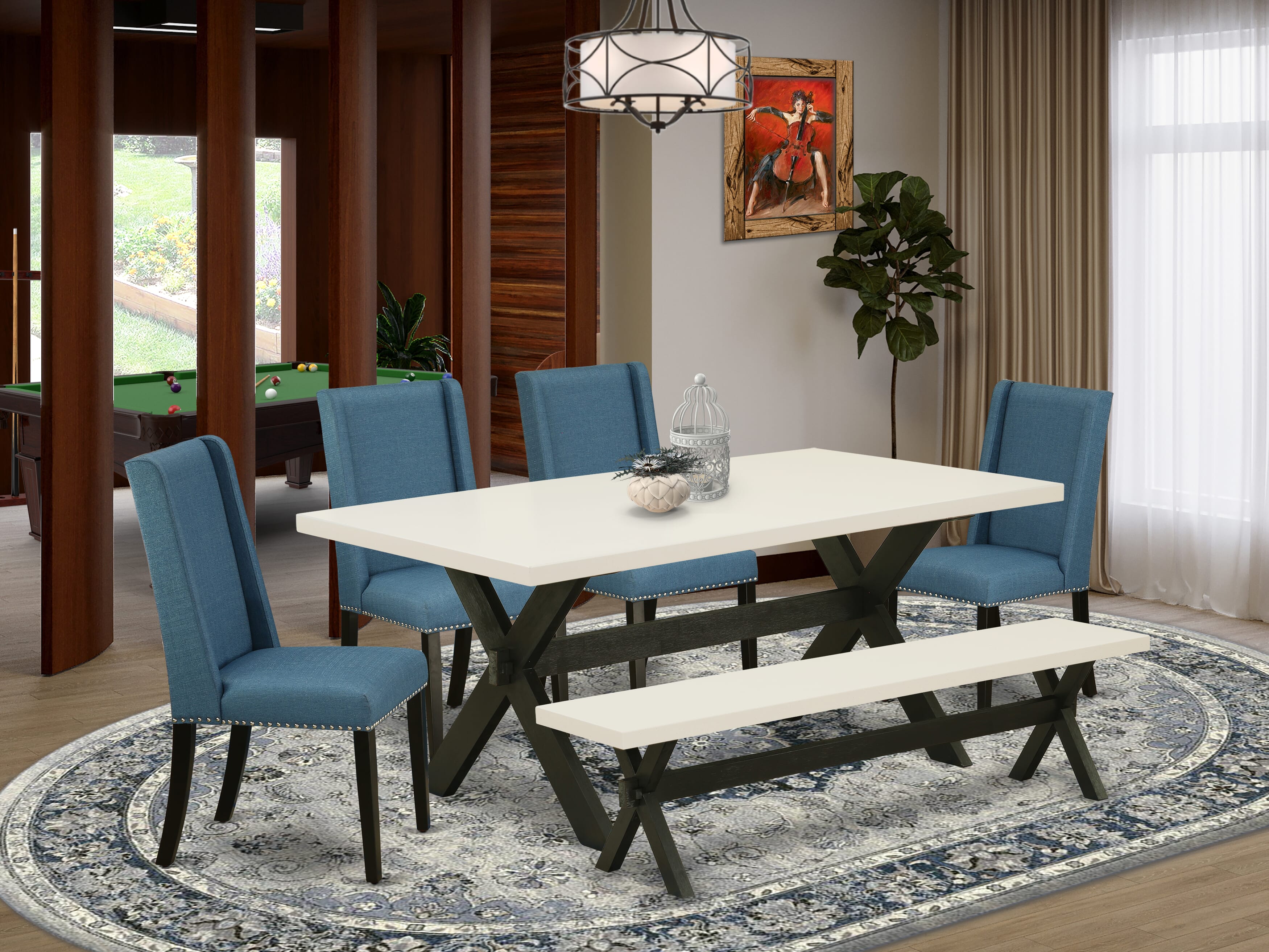 East West Furniture X627FL121-6 6-Piece Kitchen Table Set with Dining Room Table and Wood Bench - 4 Linen Fabric Kitchen Chairs (Wire Brushed Black Finish)