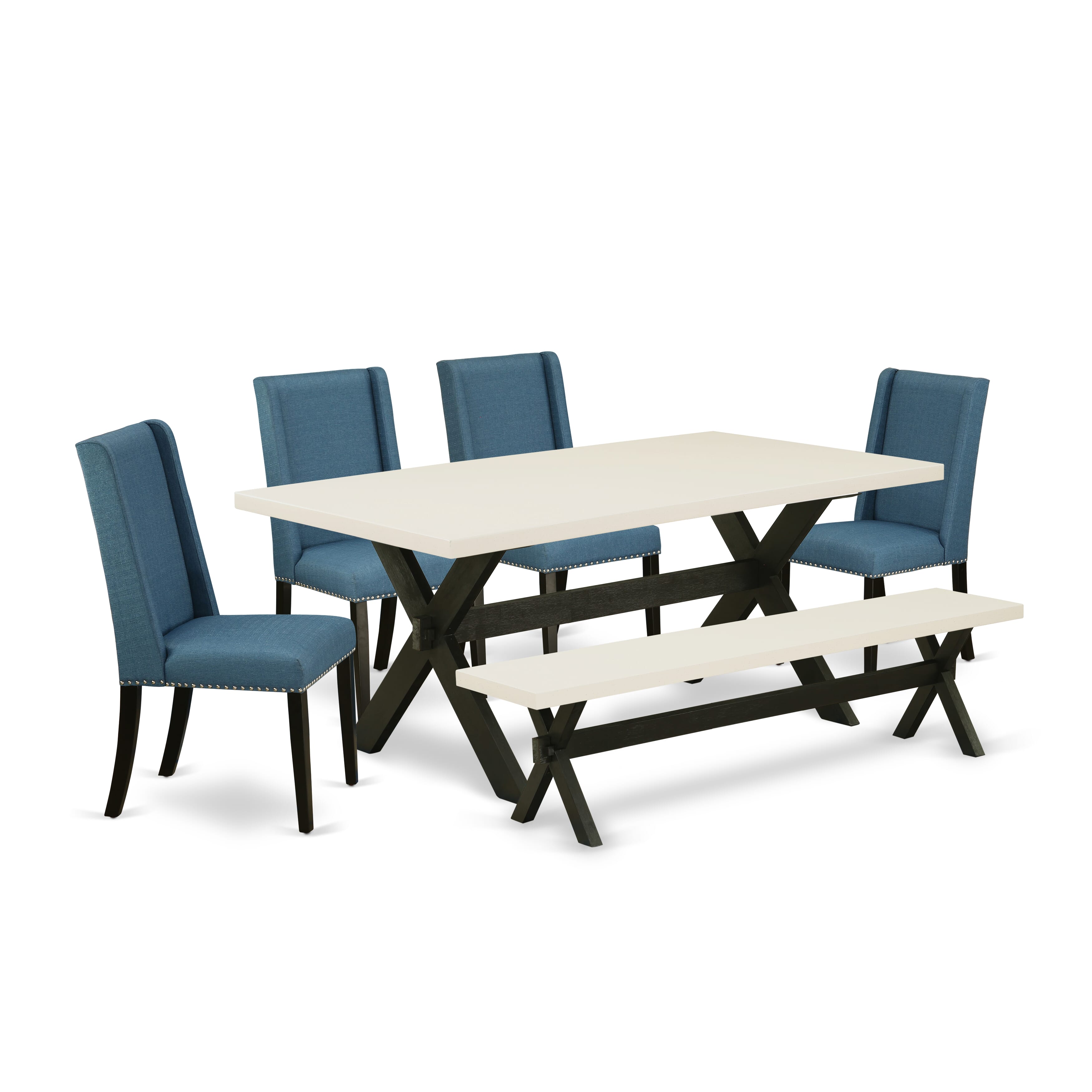 East West Furniture X627FL121-6 6-Piece Kitchen Table Set with Dining Room Table and Wood Bench - 4 Linen Fabric Kitchen Chairs (Wire Brushed Black Finish)
