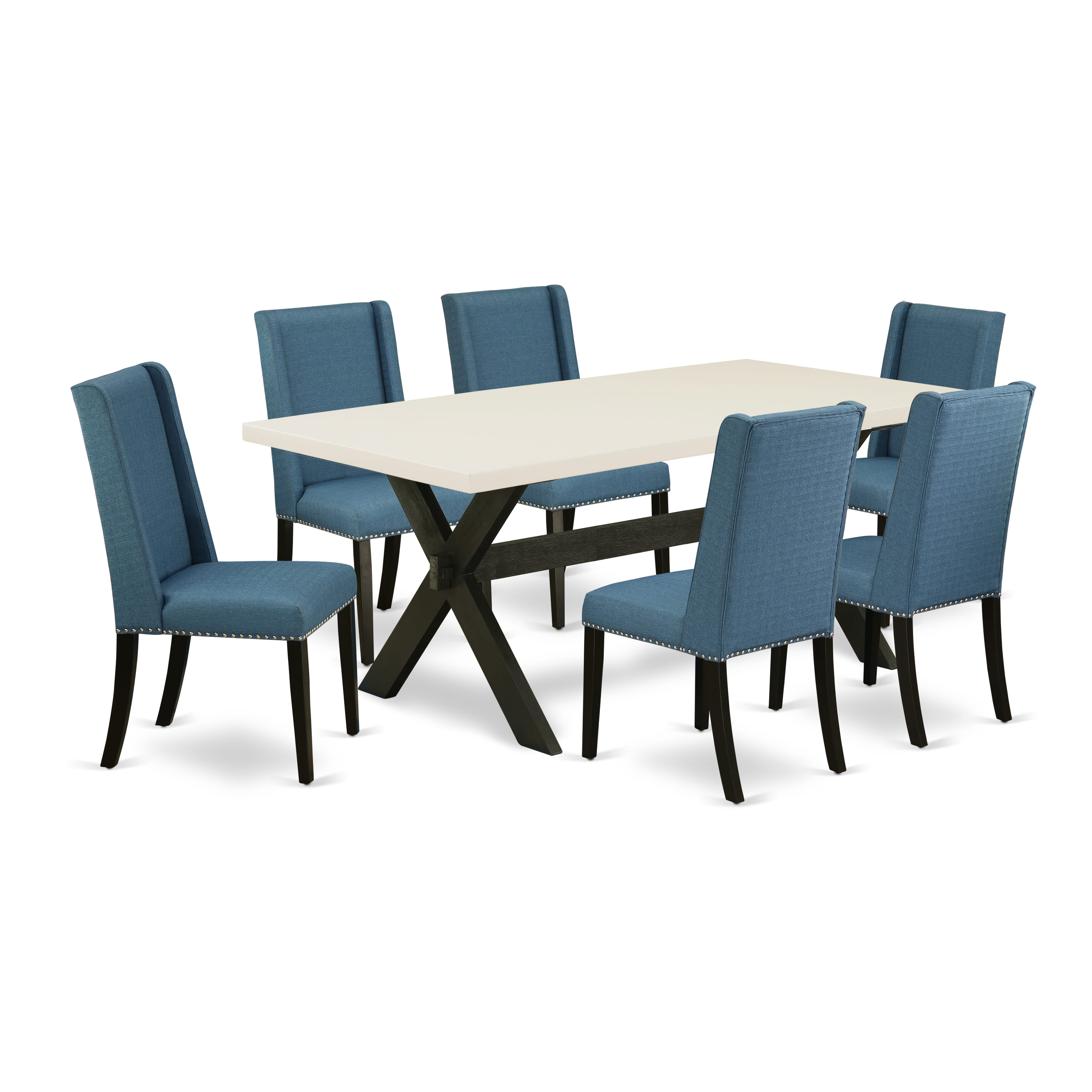 East West Furniture X627FL121-7 7-Piece Dinette Set with Dining Table - 6 Linen Fabric Parson Chairs (Wire Brushed Black Finish)