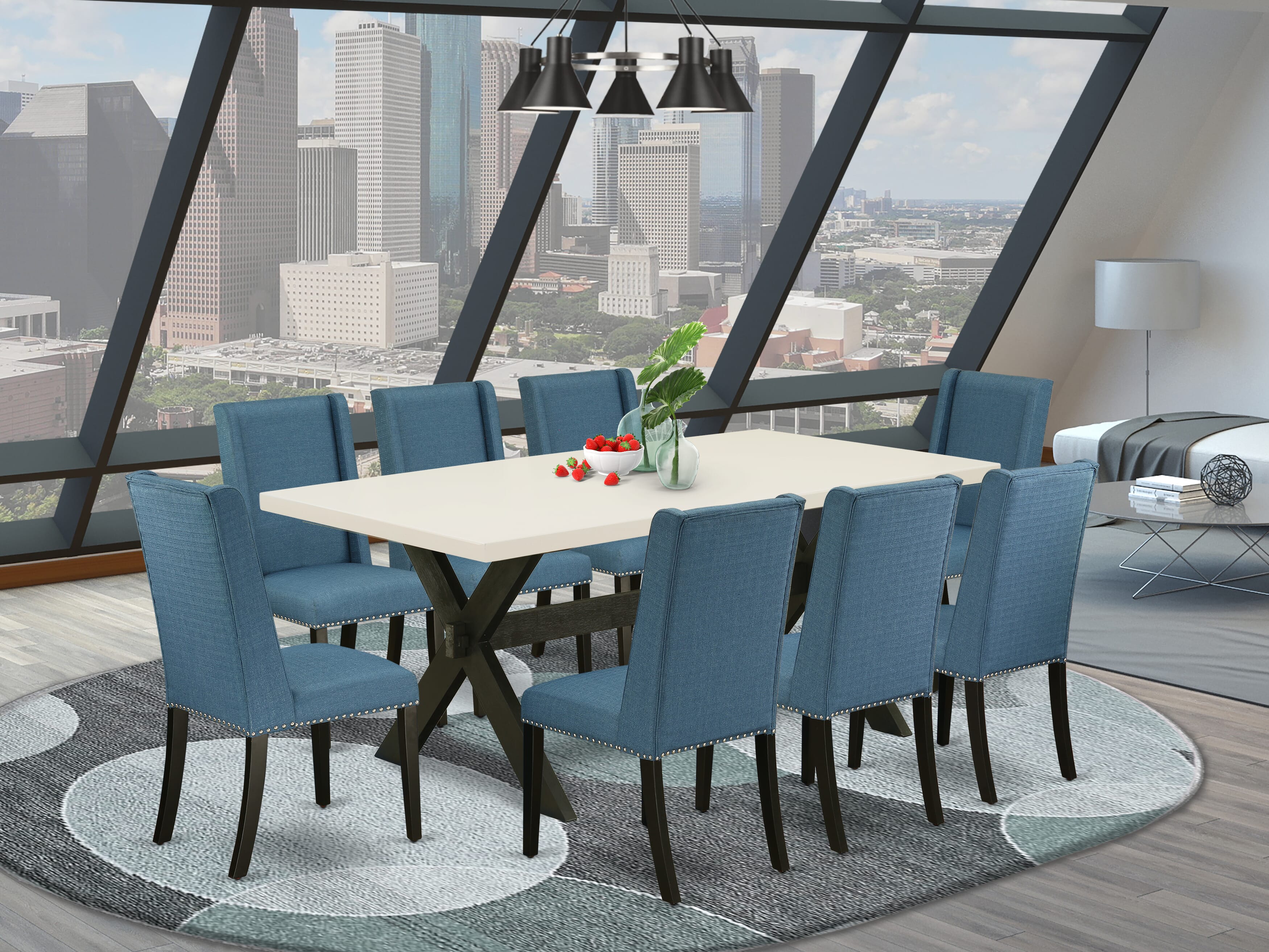 East West Furniture X627FL121-9 9-Piece Dining Room Table Set with Kitchen Table - 8 Linen Fabric Parson dining room chairs (Wire Brushed Black Finish)