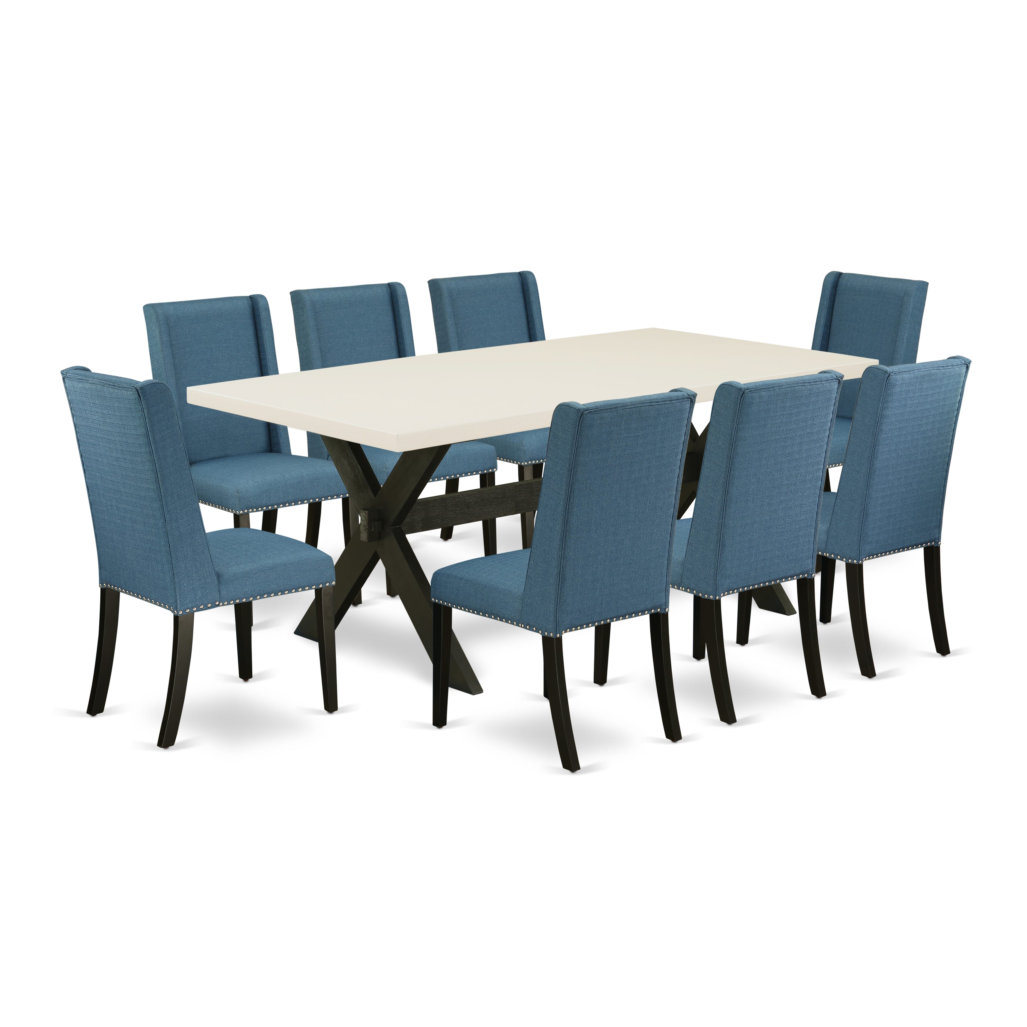 East West Furniture X627FL121-9 9-Piece Dining Room Table Set with Kitchen Table - 8 Linen Fabric Parson dining room chairs (Wire Brushed Black Finish)