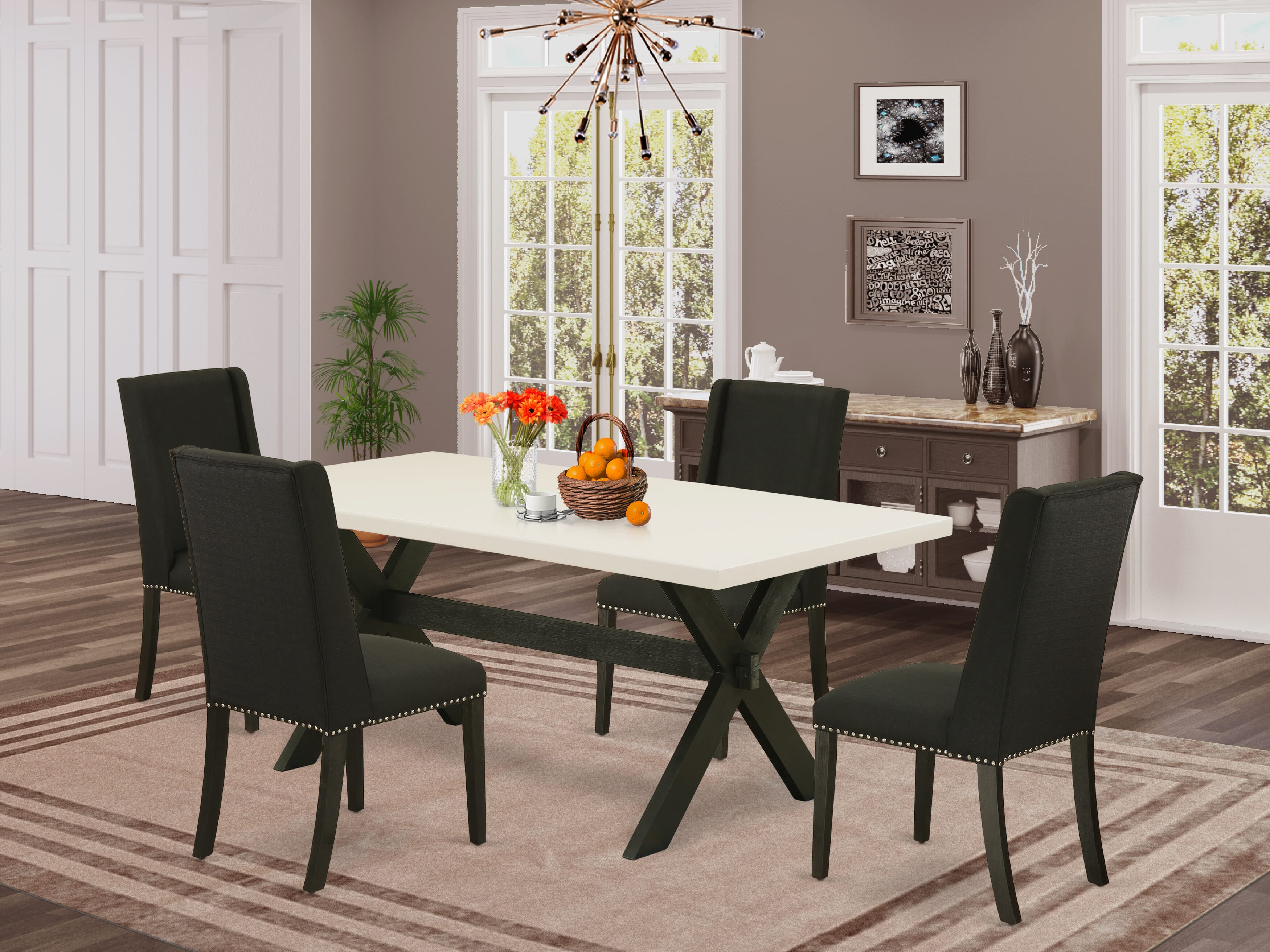 East West Furniture X627FL624-5 5-Pc Dining room SetIncluded 4 Upholstered Dining chairs Upholstered Nails Head Seat and High Button Tufted Chair Back and Rectangular Dinette Table with linen white rectangular Dining Table top (Black Finish)