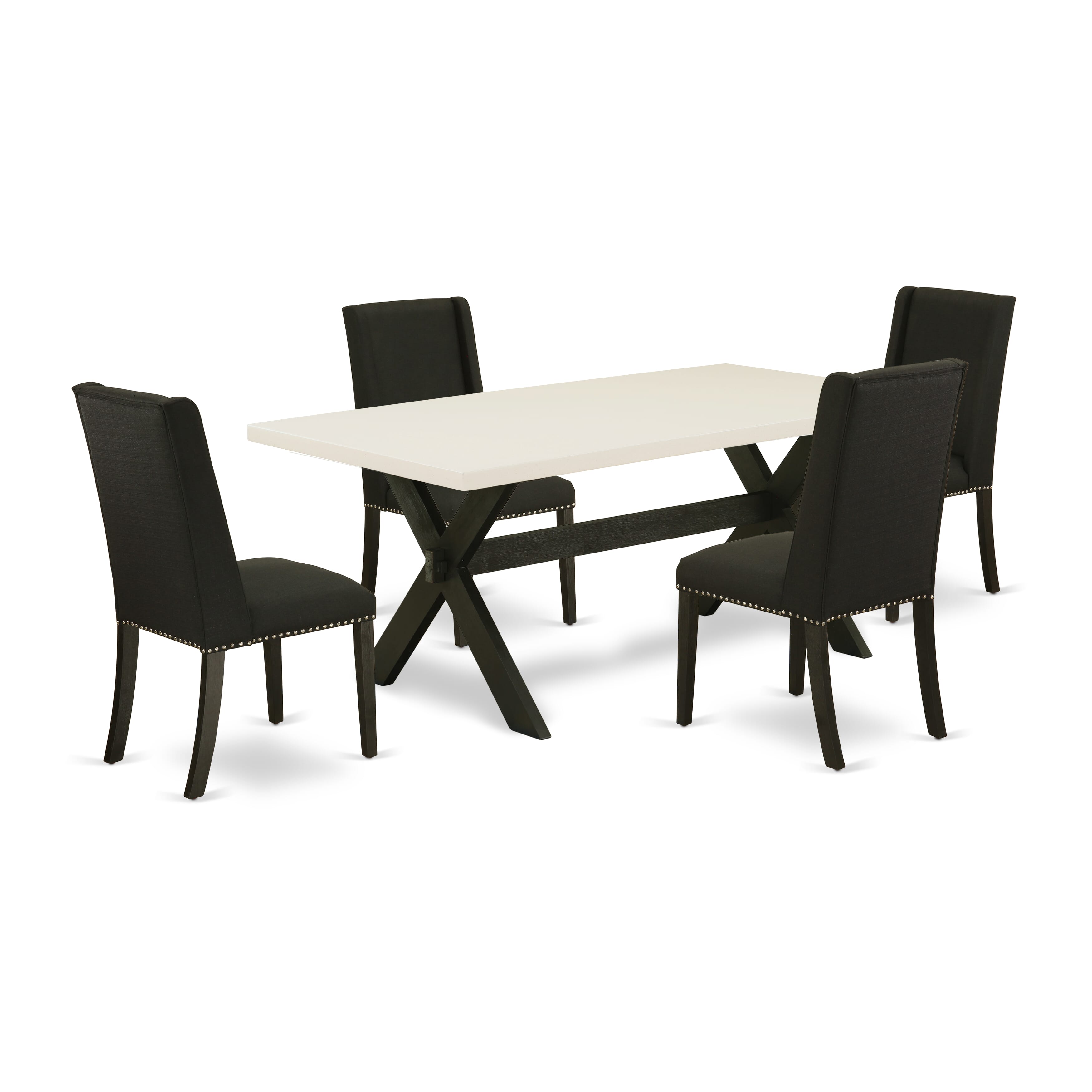 East West Furniture X627FL624-5 5-Pc Dining room SetIncluded 4 Upholstered Dining chairs Upholstered Nails Head Seat and High Button Tufted Chair Back and Rectangular Dinette Table with linen white rectangular Dining Table top (Black Finish)