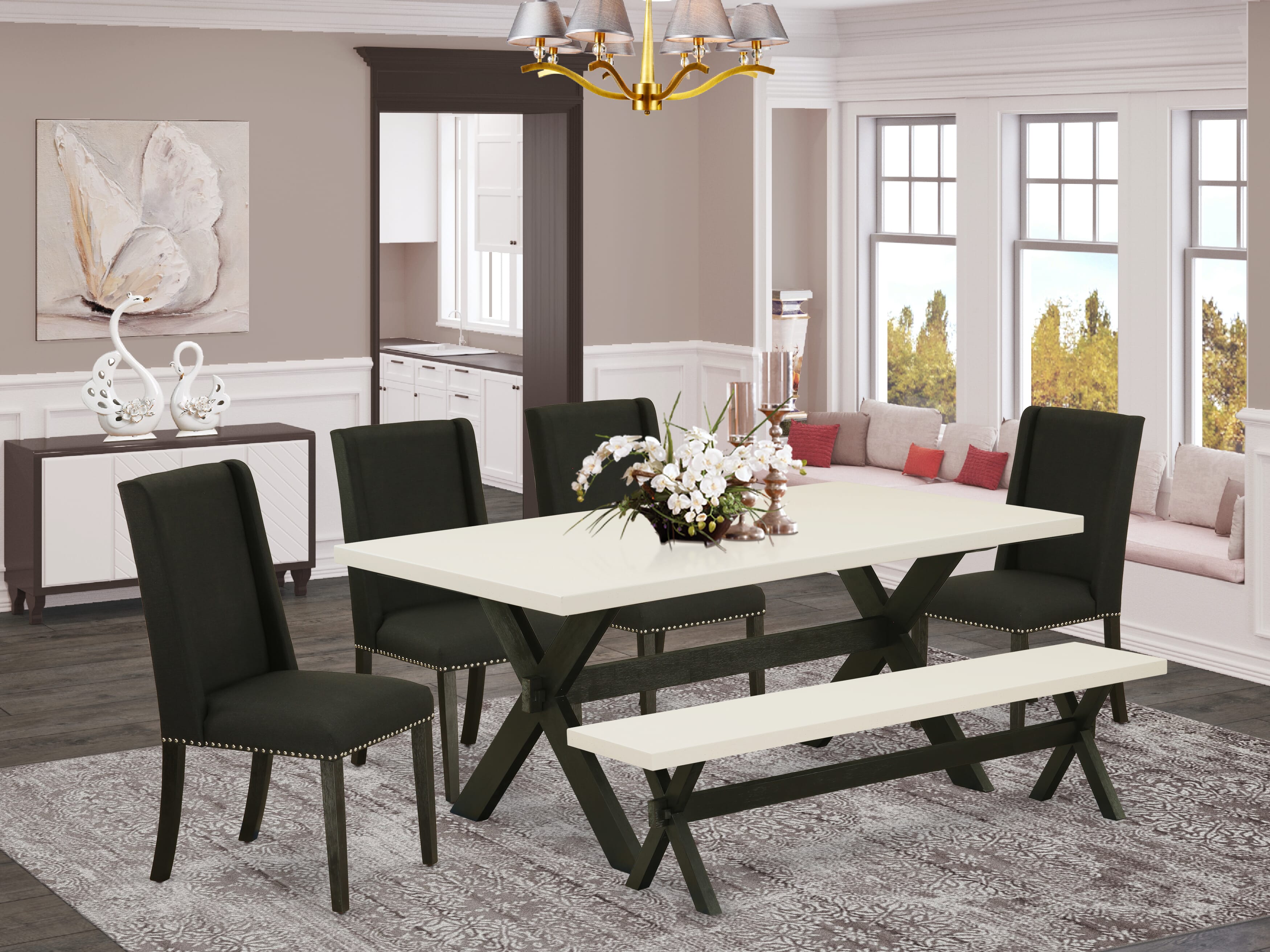 East West Furniture X627FL624-6 6-Piece -Black Linen Fabric Seat and High Stylish Chair Back Kitchen chairs, A Rectangular Bench and Rectangular top Wood Dining Table with Hardwood Legs - linen white and Wire Brushed Black Finish