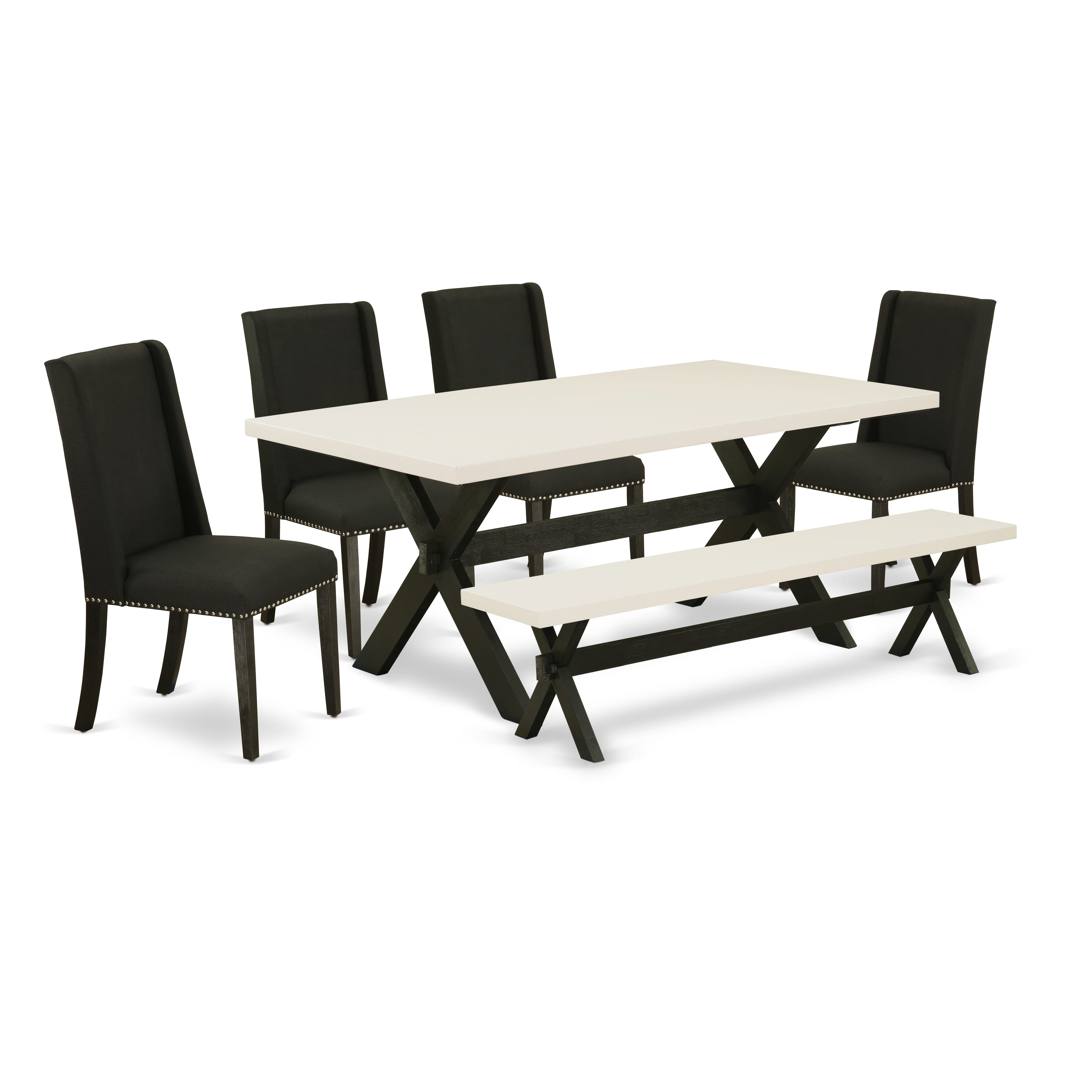 East West Furniture X627FL624-6 6-Piece -Black Linen Fabric Seat and High Stylish Chair Back Kitchen chairs, A Rectangular Bench and Rectangular top Wood Dining Table with Hardwood Legs - linen white and Wire Brushed Black Finish