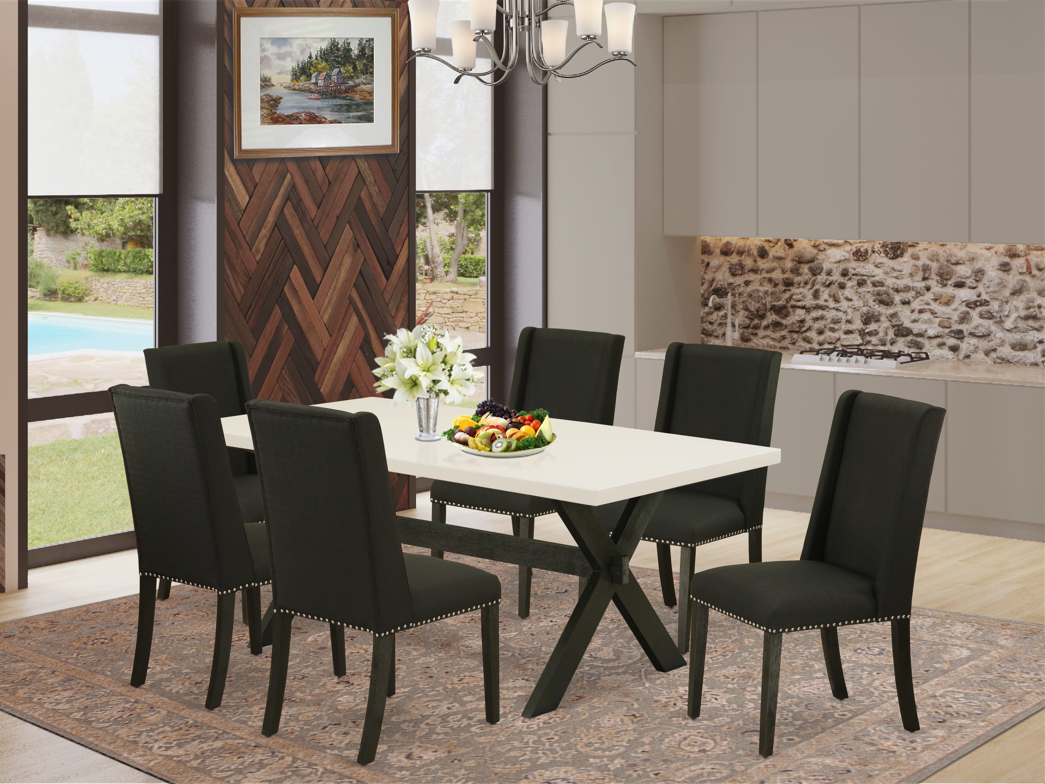 Juego de mesa de comedor moderno East West Furniture X627FL624-7 de 7 piezas compuesto por una mesa rectangular de madera con patas en forma de X y 6 sillas tapizadas en tela de lino negro.