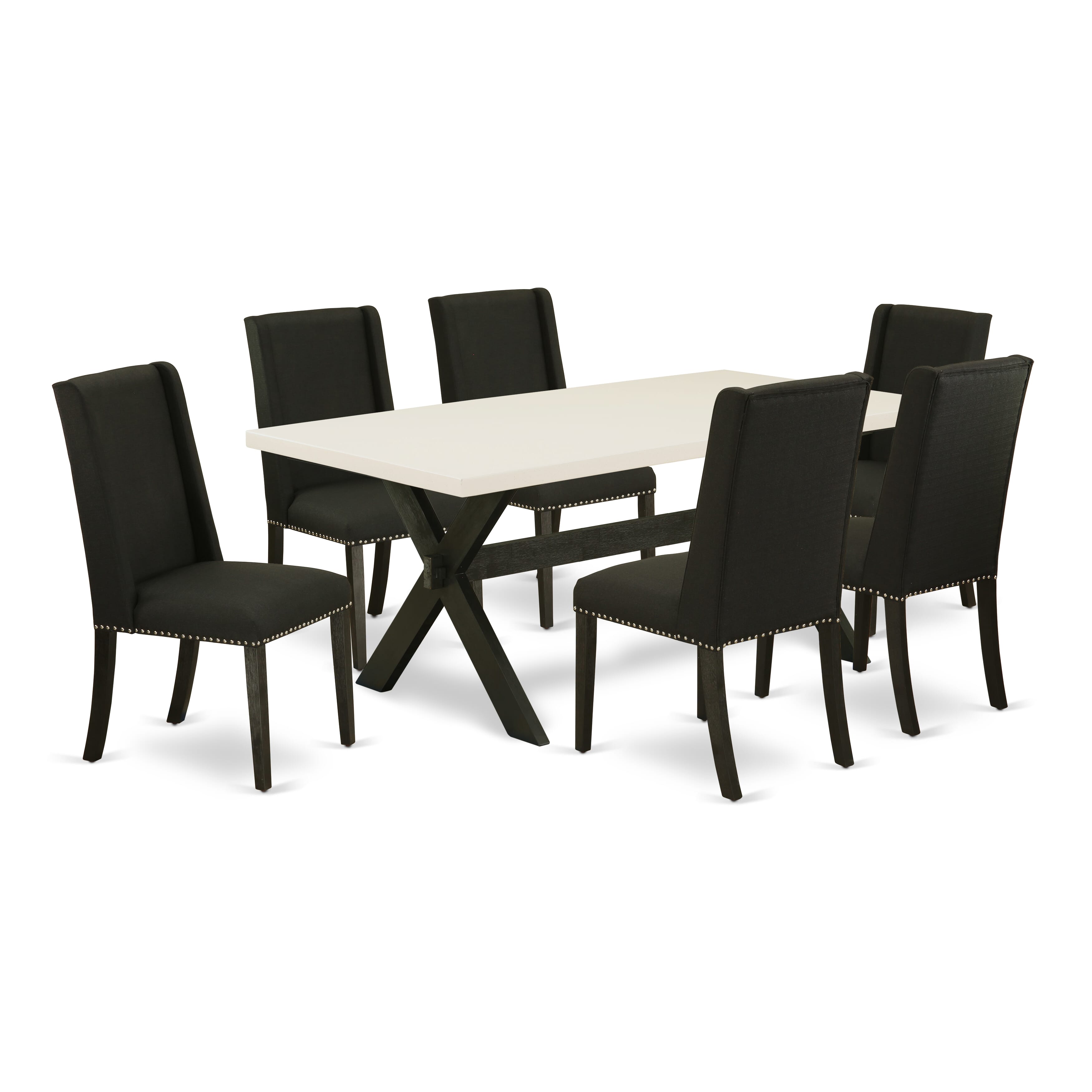 Juego de mesa de comedor moderno East West Furniture X627FL624-7 de 7 piezas compuesto por una mesa rectangular de madera con patas en forma de X y 6 sillas tapizadas en tela de lino negro.
