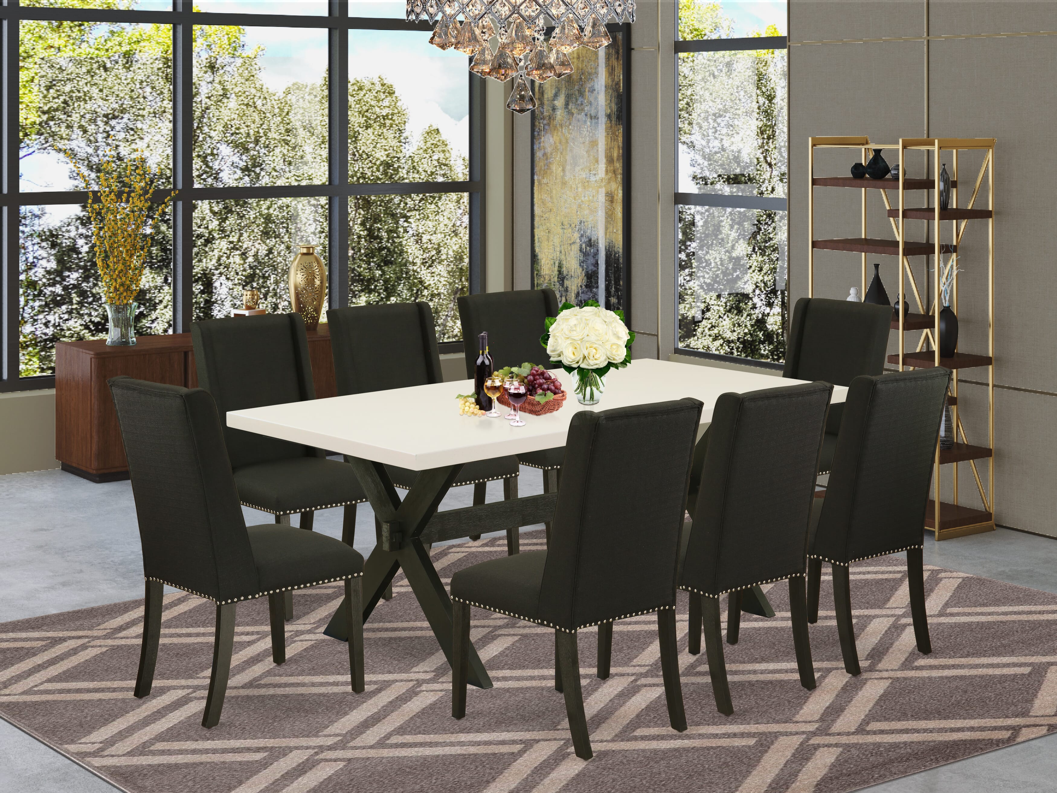 Juego de comedor de 9 piezas East West Furniture X627FL624-9. Incluye una mesa de comedor rectangular con patas en forma de X y 8 sillas Parson tapizadas en tela de lino negro.