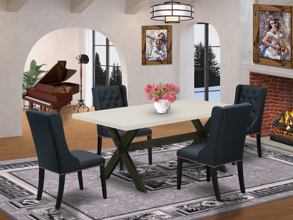 East West Furniture X627FO624-5 - 5 Piece Dining Room Set Includes 4 Black Linen Fabric Padded Chair with Button Tufted and linen white Dining Room Table - Wire Brush Black Finish