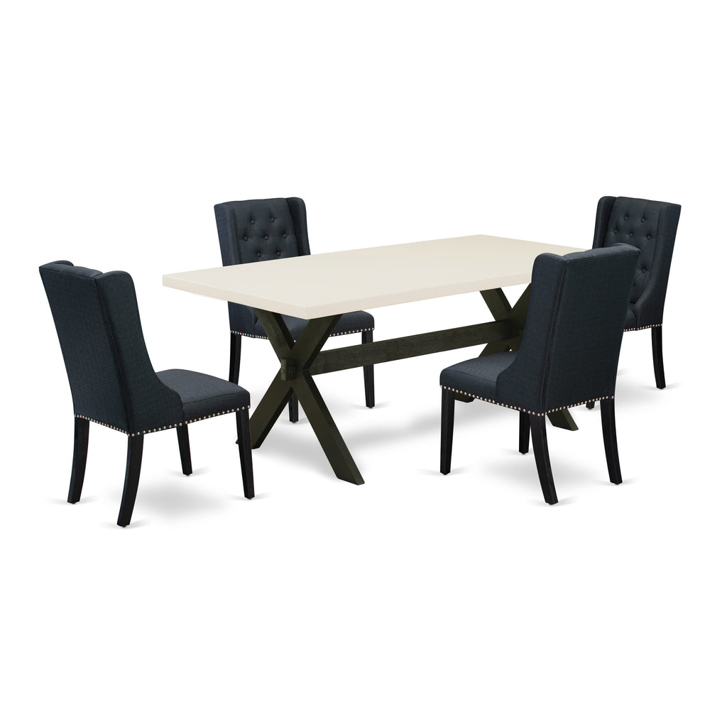 East West Furniture X627FO624-5 - 5 Piece Dining Room Set Includes 4 Black Linen Fabric Padded Chair with Button Tufted and linen white Dining Room Table - Wire Brush Black Finish