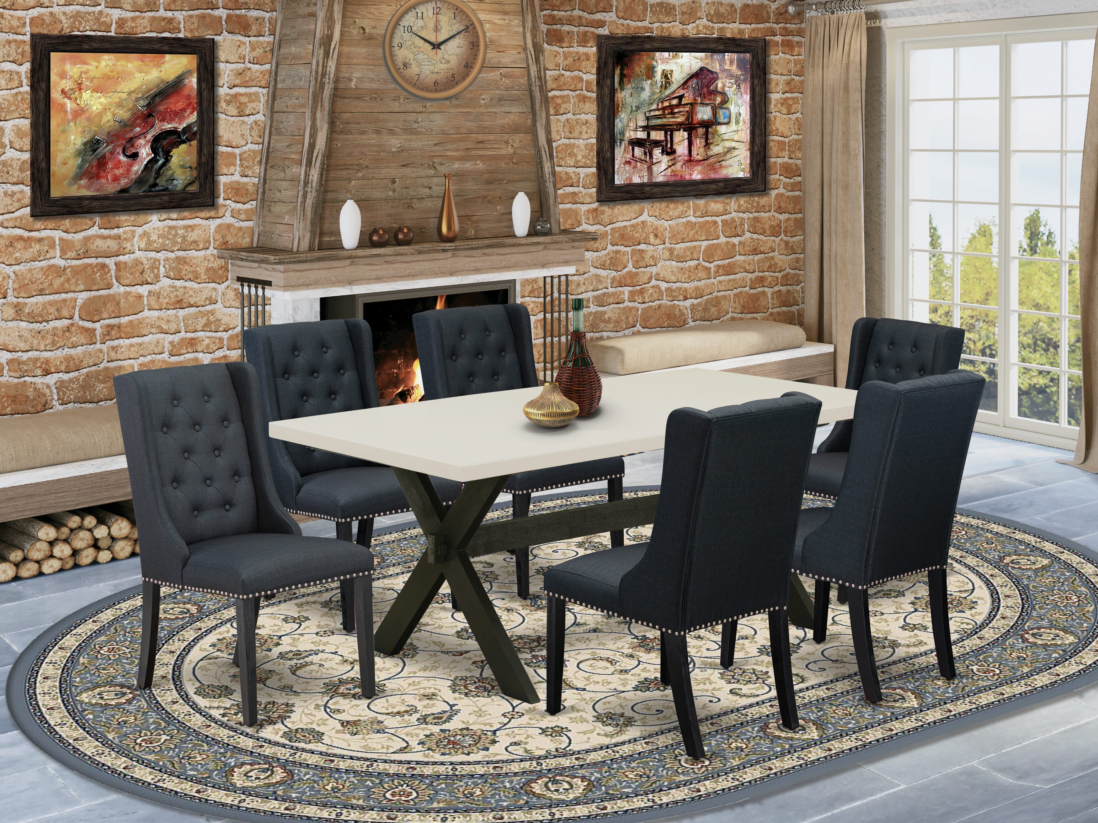 East West Furniture X627FO624-7 7 Piece Kitchen Table Set - 6 Black Linen Fabric Dining Room Chairs Button Tufted with Nail heads and linen white Dining Room Table - Wire Brush Black Finish