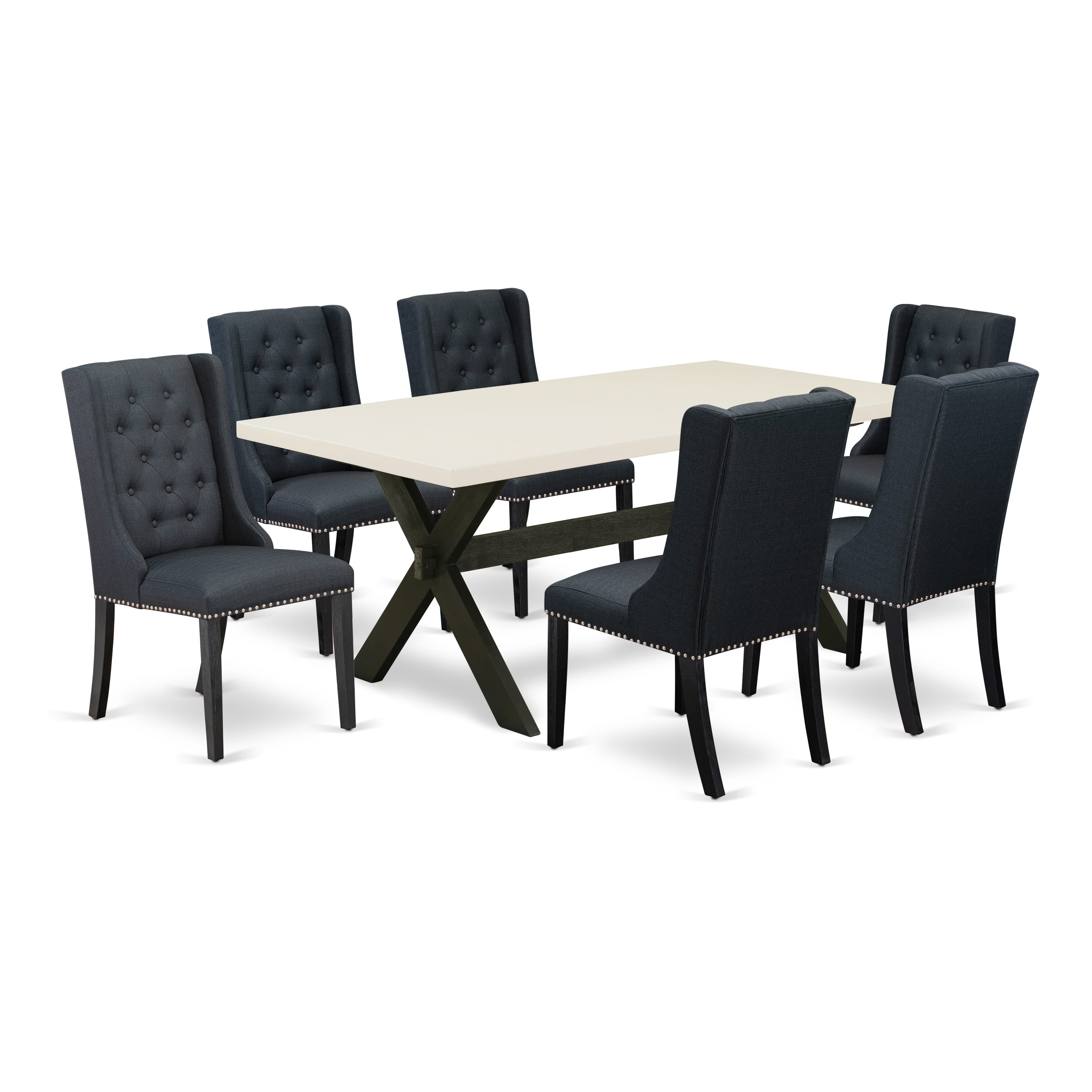 East West Furniture X627FO624-7 7 Piece Kitchen Table Set - 6 Black Linen Fabric Dining Room Chairs Button Tufted with Nail heads and linen white Dining Room Table - Wire Brush Black Finish