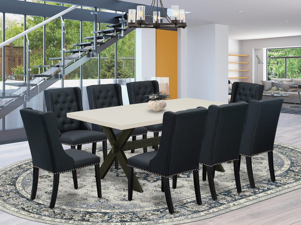 East West Furniture X627FO624-9 9 Piece Dining Set - 8 Black Linen Fabric Dining Chair Button Tufted with Nail heads and linen white Mid Century Dining Table - Wire Brush Black Finish