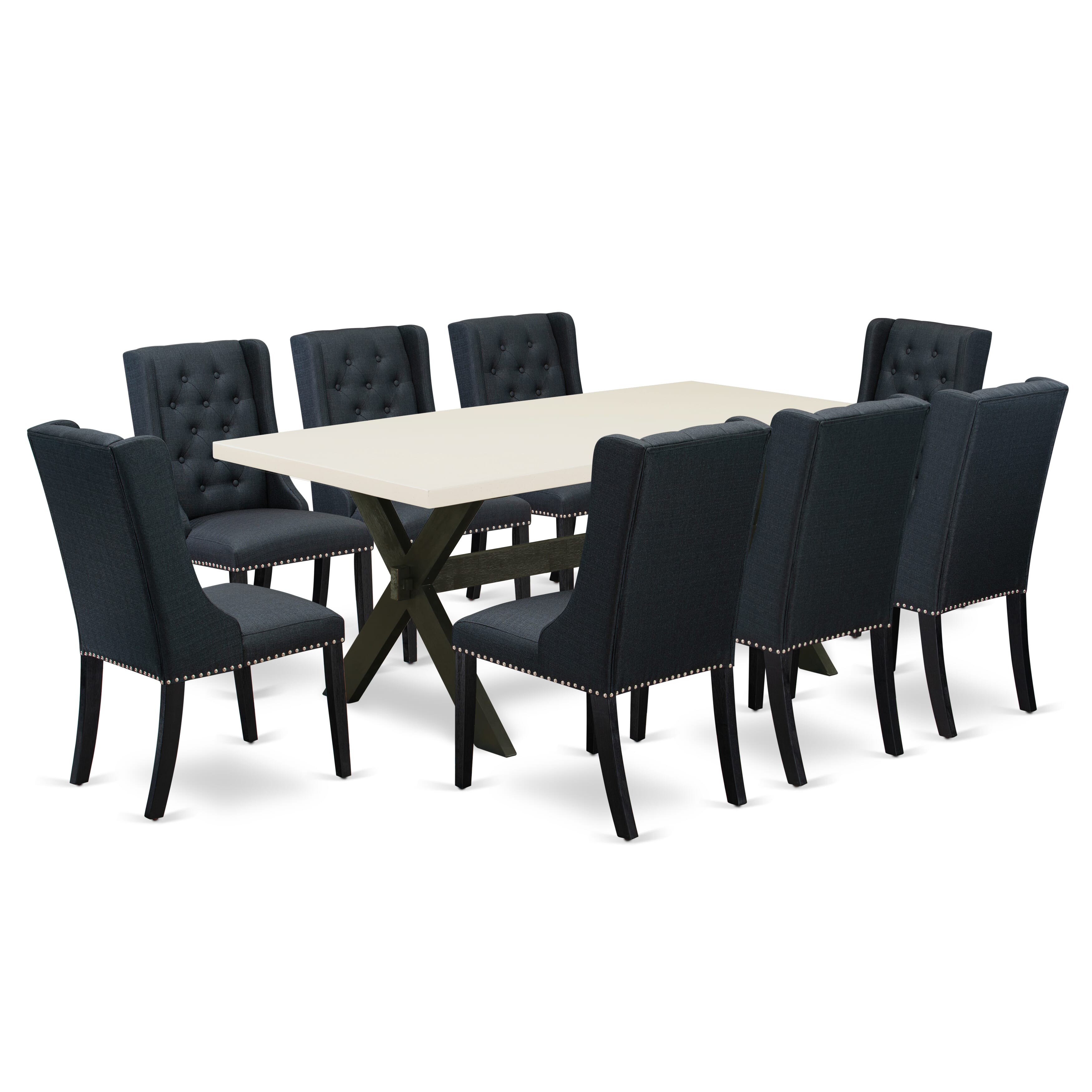 East West Furniture X627FO624-9 9 Piece Dining Set - 8 Black Linen Fabric Dining Chair Button Tufted with Nail heads and linen white Mid Century Dining Table - Wire Brush Black Finish