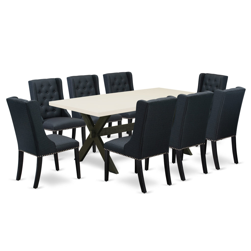 East West Furniture X627FO624-9 9 Piece Dining Set - 8 Black Linen Fabric Dining Chair Button Tufted with Nail heads and linen white Mid Century Dining Table - Wire Brush Black Finish