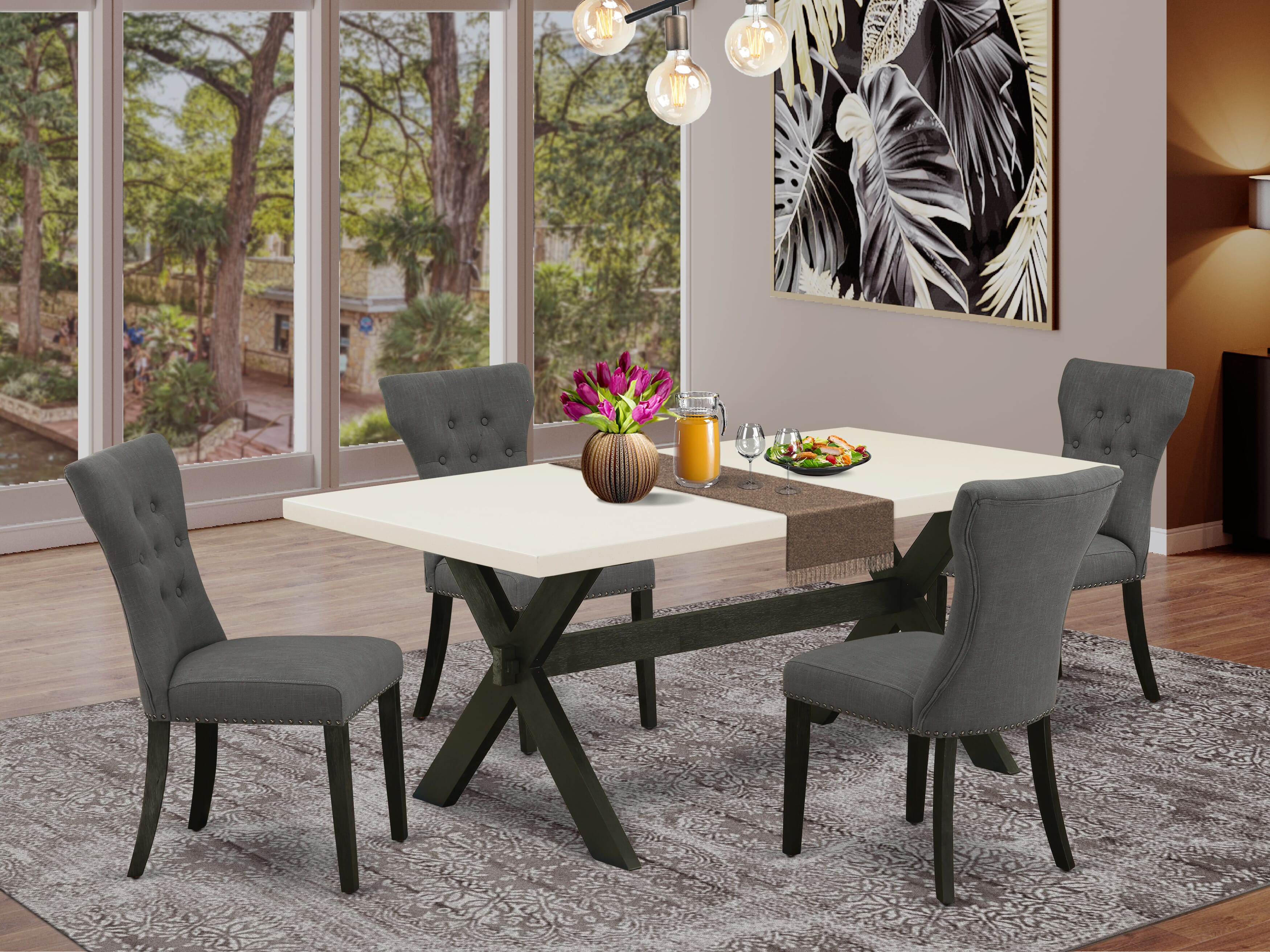 East West Furniture X627GA650-5 5-Piece Rectangular Dining Table SetIncluded 4 kitchen chairs Upholstered Seat and High Button Tufted Chair Back and Rectangular Dining Table with linen white Dinette Table top (Black Finish)