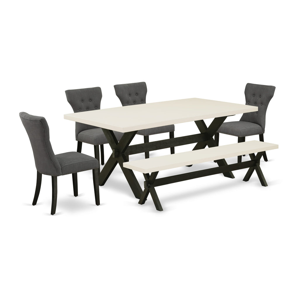Juego de mesa de comedor de 6 piezas East West Furniture X627GA650-6. Contiene una mesa de cocina rectangular con patas en forma de X y 4 sillas Parson de tela de lino Gotham oscuro con un banco.