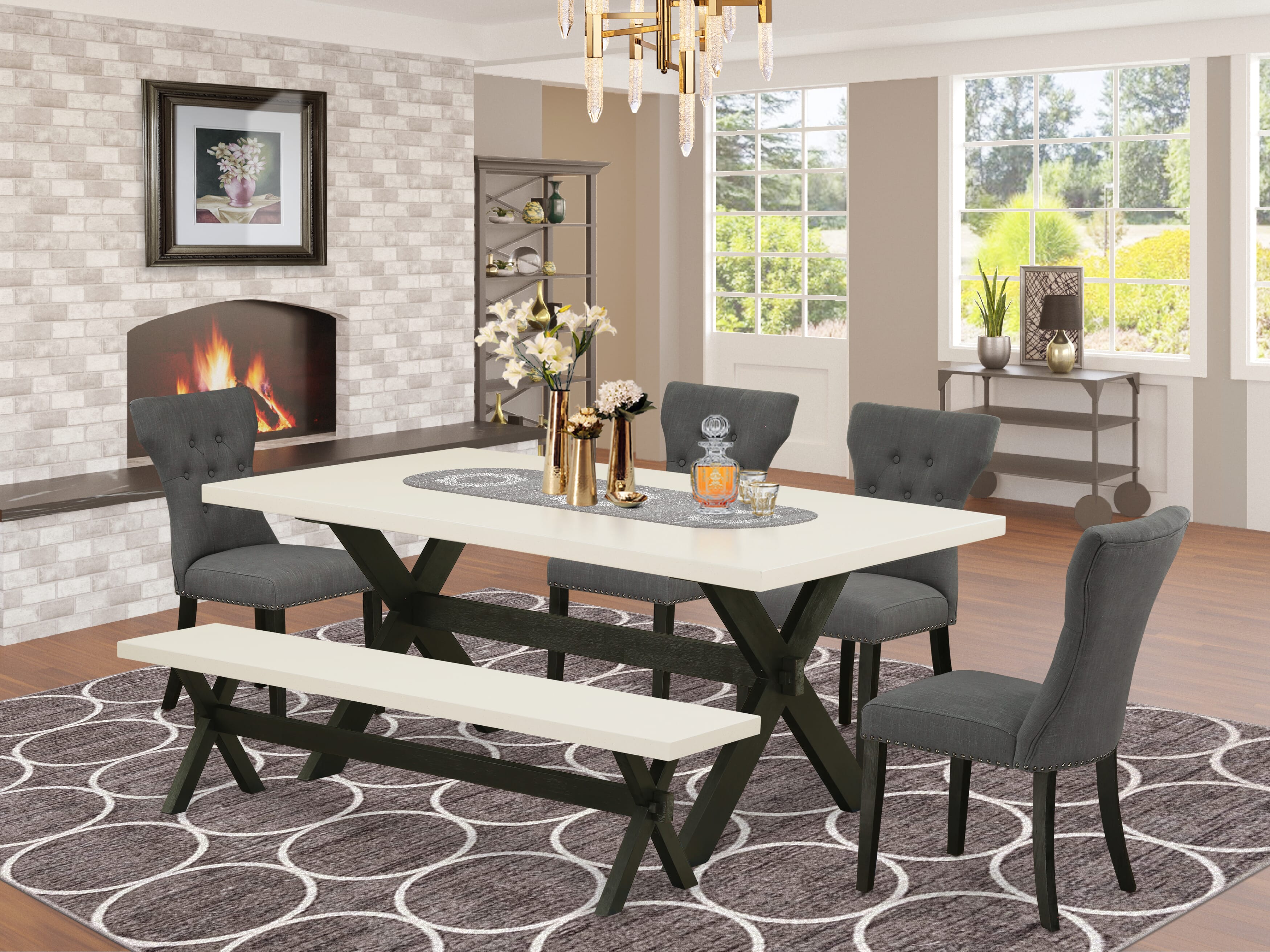 East West Furniture X627GA650-6 6-Pc Dinette Set-Dark Gotham Grey Linen Fabric Seat and Button Tufted Chair Back Kitchen chairs, A Rectangular Bench and Rectangular top Dining Table with Wood Legs - linen white and Wire Brushed Black Finish