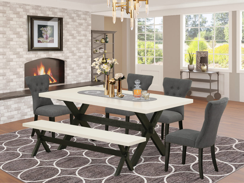 Juego de mesa de comedor de 6 piezas East West Furniture X627GA650-6. Contiene una mesa de cocina rectangular con patas en forma de X y 4 sillas Parson de tela de lino Gotham oscuro con un banco.