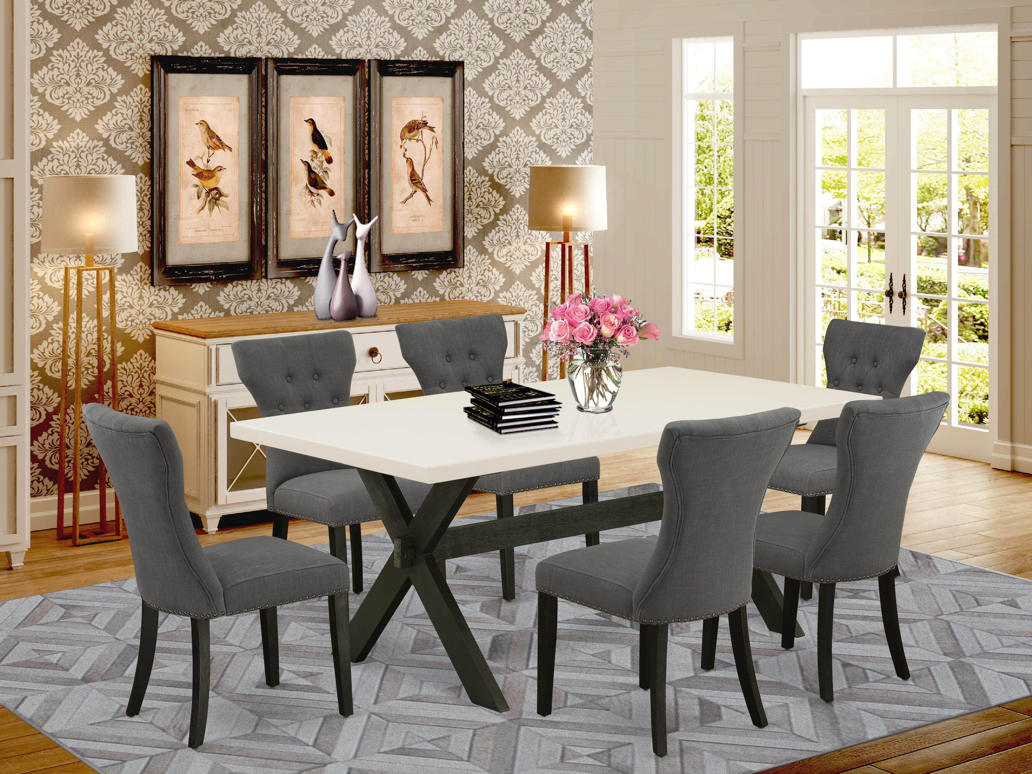 East West Furniture X627GA650-7 7-Pc a beautiful linen white dining room Table top and 6 Beautiful parson chairs with Nail heads and Button Tufted, Wire Brushed Black Finish