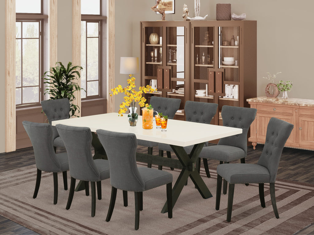 East West Furniture X627GA650-9 9-Pc Dining room Table Set a Beautiful linen white Rectangular Table top and 8 Fantastic Dining chairs with Nail Heads and Stylish Button Tufted Chair Back, Wire Brushed Black Finish
