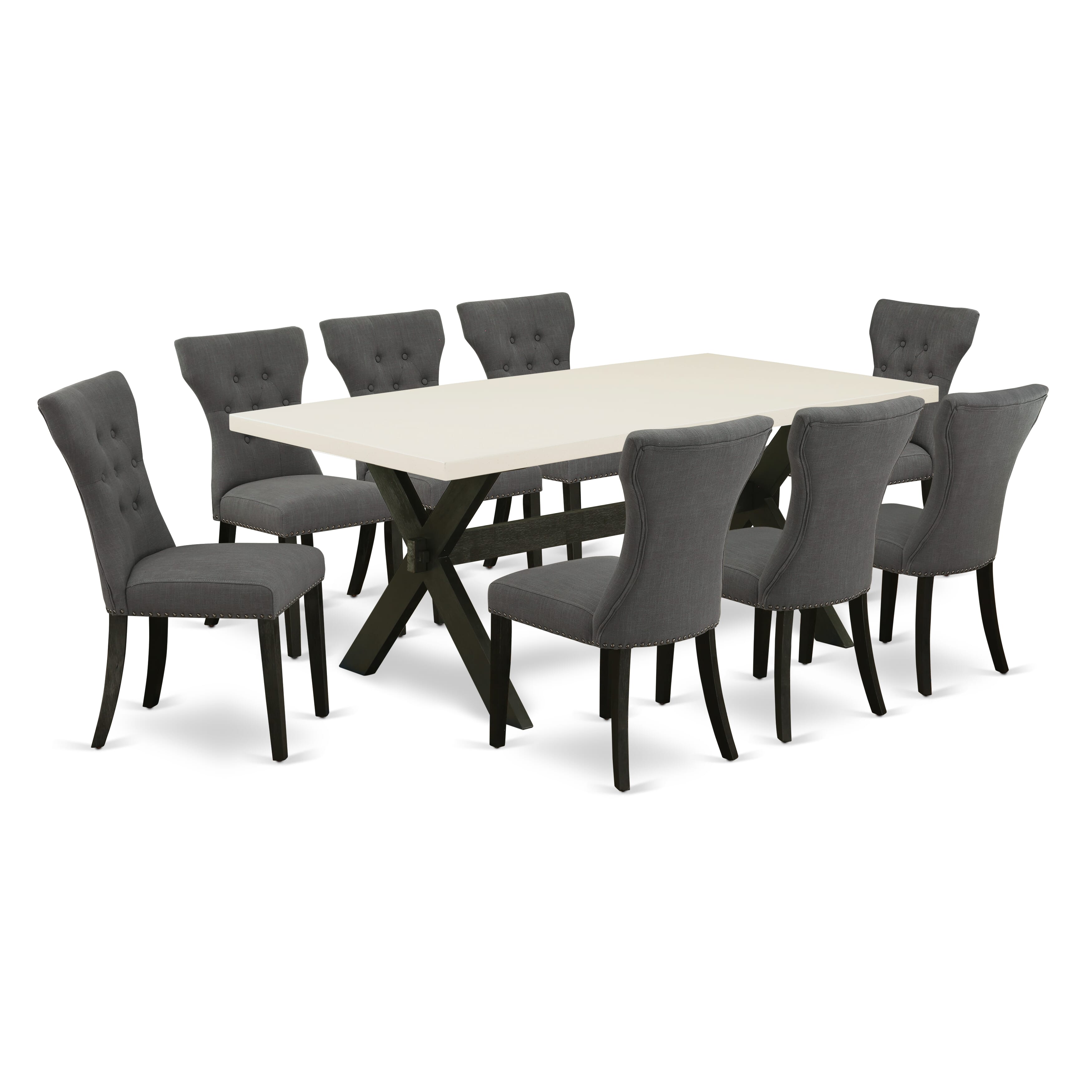 East West Furniture X627GA650-9 9-Pc Dining room Table Set a Beautiful linen white Rectangular Table top and 8 Fantastic Dining chairs with Nail Heads and Stylish Button Tufted Chair Back, Wire Brushed Black Finish