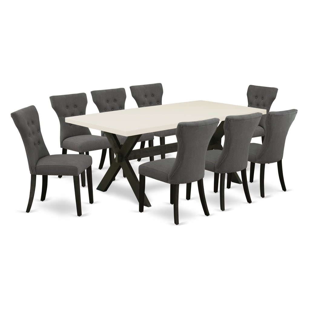 East West Furniture X627GA650-9 9-Pc Dining room Table Set a Beautiful linen white Rectangular Table top and 8 Fantastic Dining chairs with Nail Heads and Stylish Button Tufted Chair Back, Wire Brushed Black Finish
