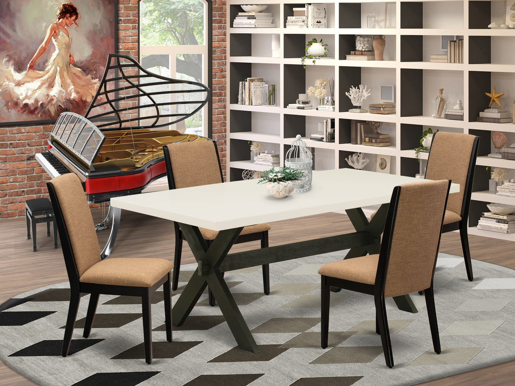 Juego de comedor de 5 piezas East West Furniture X627LA147-5. Incluye una mesa de comedor rectangular con patas en forma de X y 4 sillas Parson tapizadas en tela de lino color sable claro.