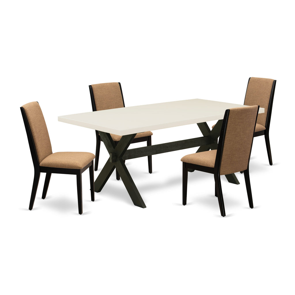Juego de comedor de 5 piezas East West Furniture X627LA147-5. Incluye una mesa de comedor rectangular con patas en forma de X y 4 sillas Parson tapizadas en tela de lino color sable claro.
