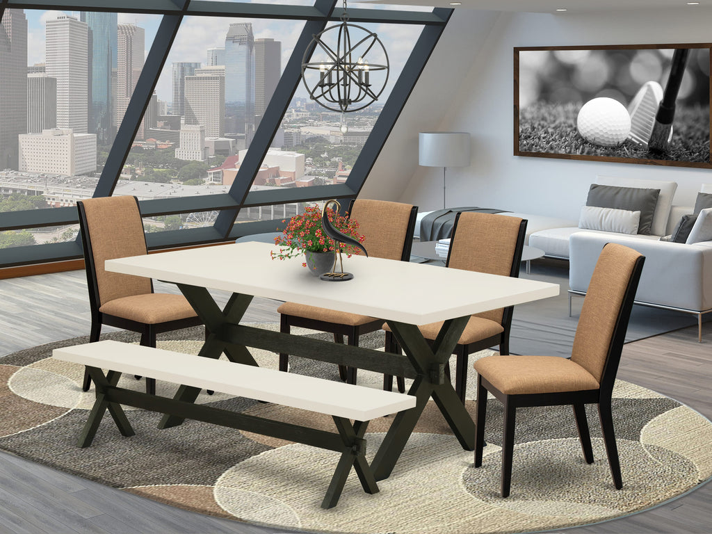 Juego de comedor de 6 piezas East West Furniture X627LA147-6. Contiene una mesa de comedor rectangular con patas en forma de X y 4 sillas Parson de tela de lino color sable claro con un banco.