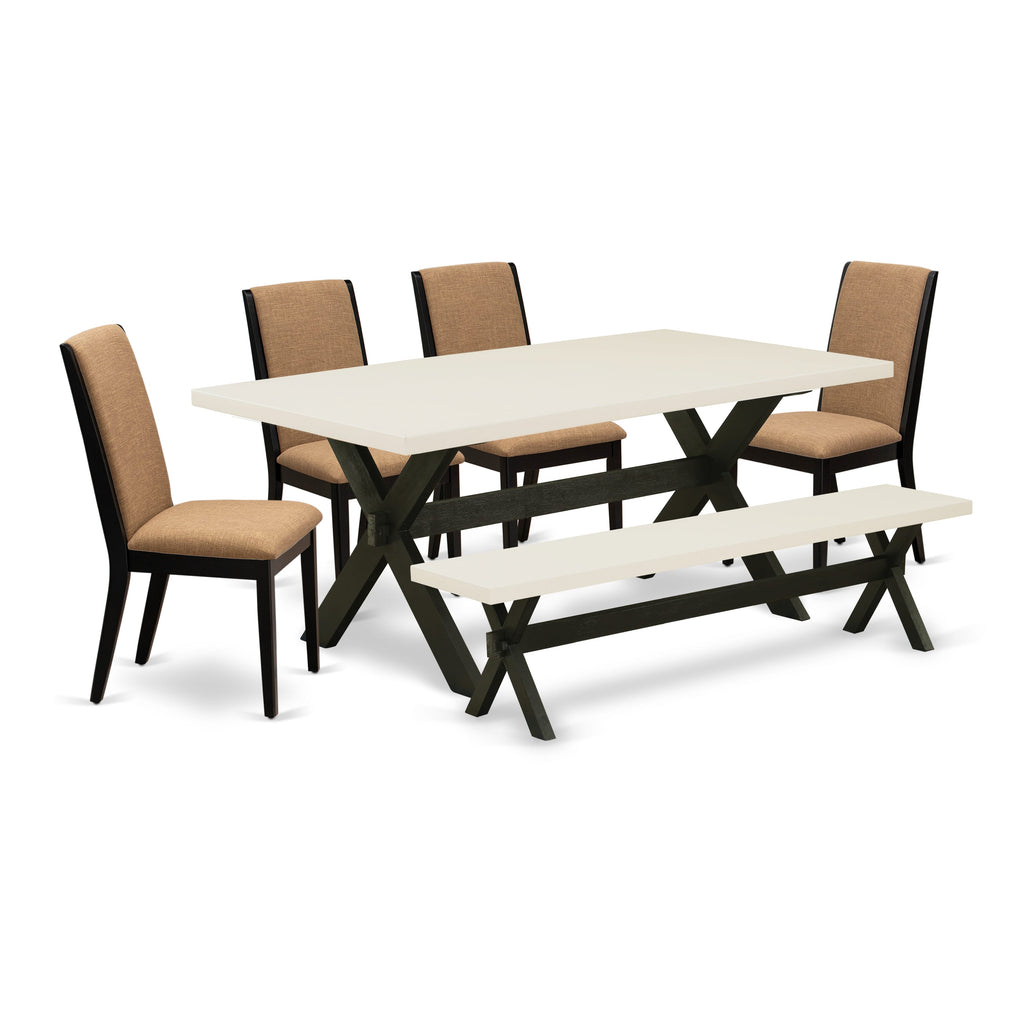Juego de comedor de 6 piezas East West Furniture X627LA147-6. Contiene una mesa de comedor rectangular con patas en forma de X y 4 sillas Parson de tela de lino color sable claro con un banco.