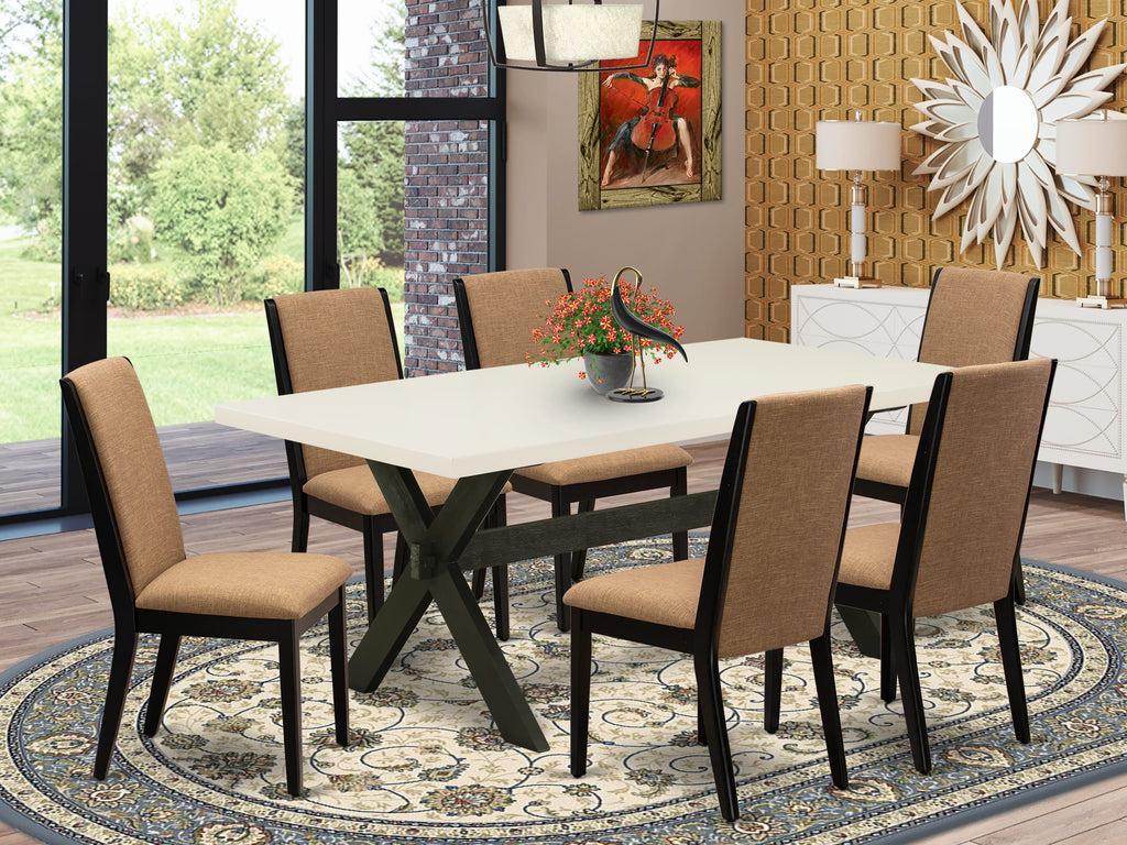 Juego de mesa de comedor de 7 piezas East West Furniture X627LA147-7 compuesto por una mesa de comedor rectangular con patas en forma de X y 6 sillas tapizadas en tela de lino color sable claro.